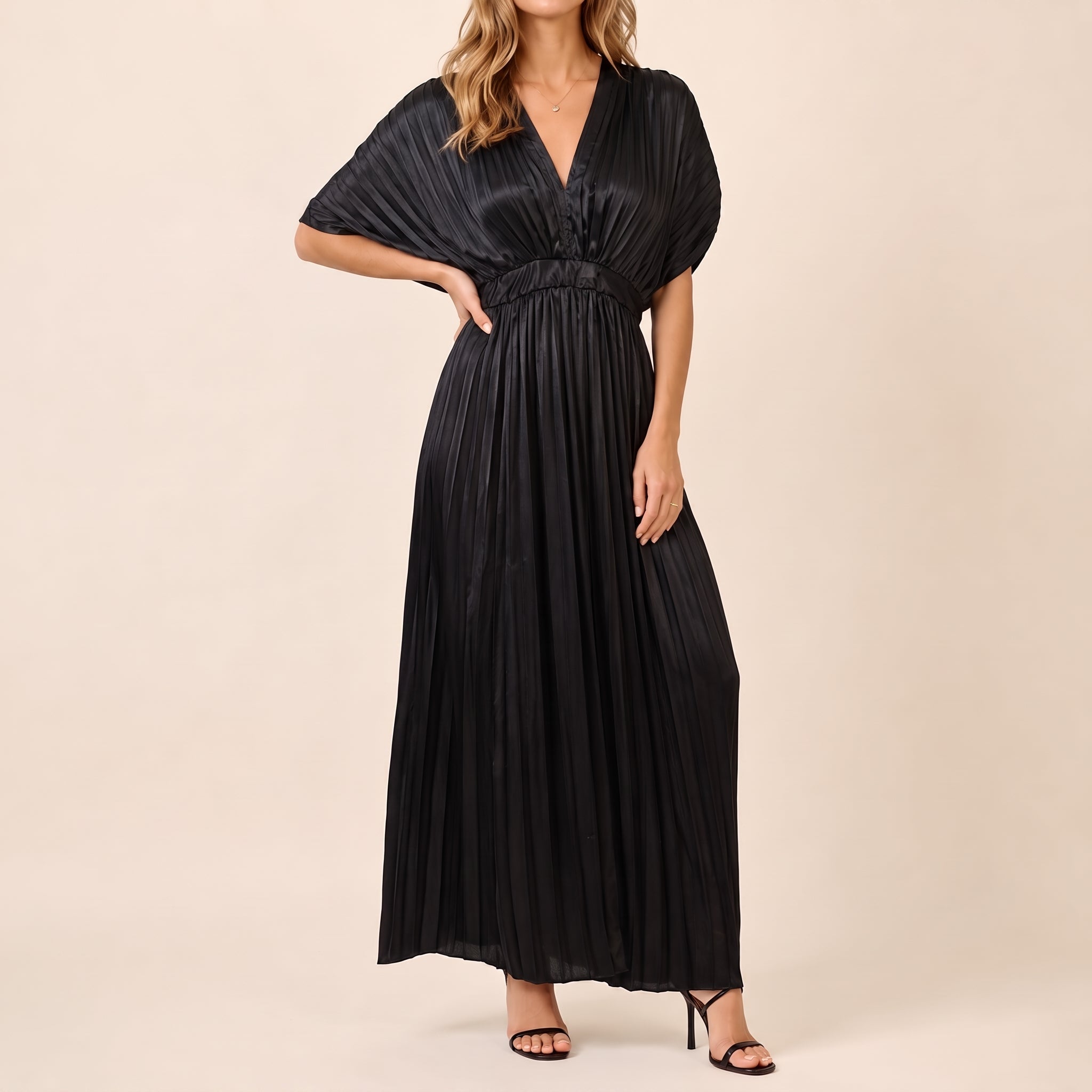 Clara - Women's Wedding Guest Pleated Cap Sleeves Maxi Dress