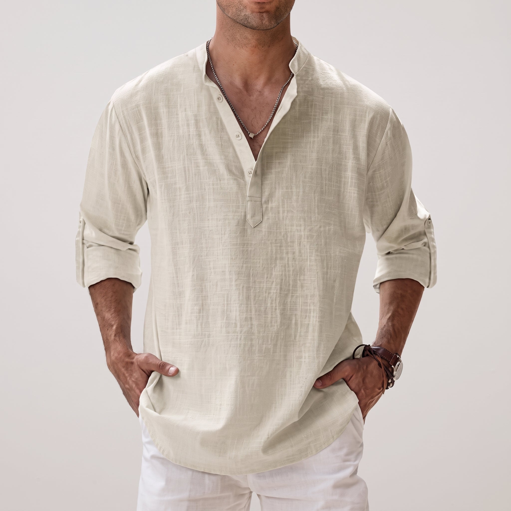 Arthur - Men's Summer Relaxed Fit Band Collar Henley Shirt