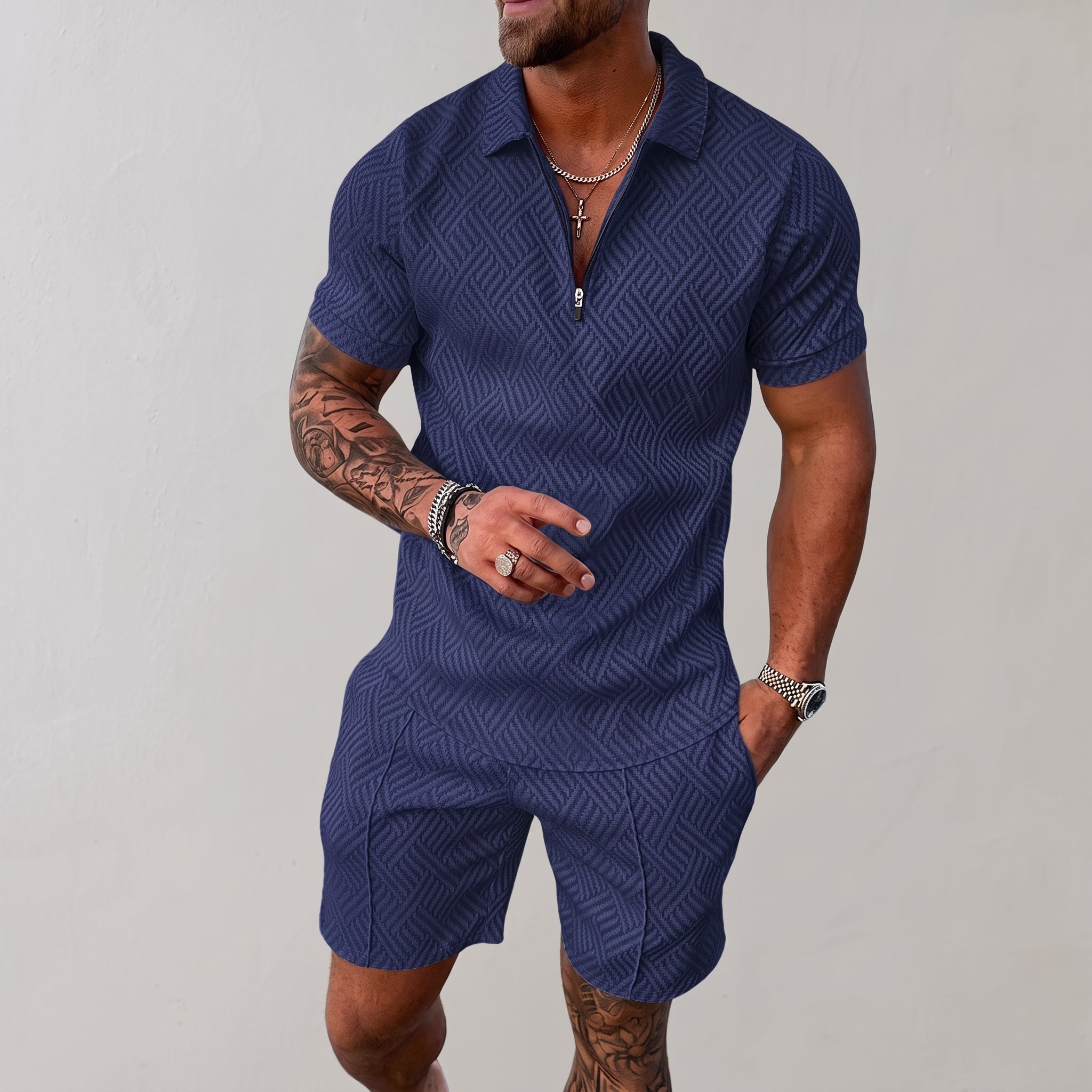 Nathan - Men's Summer Geometric Quarter-Zip Polo Co-ord Set