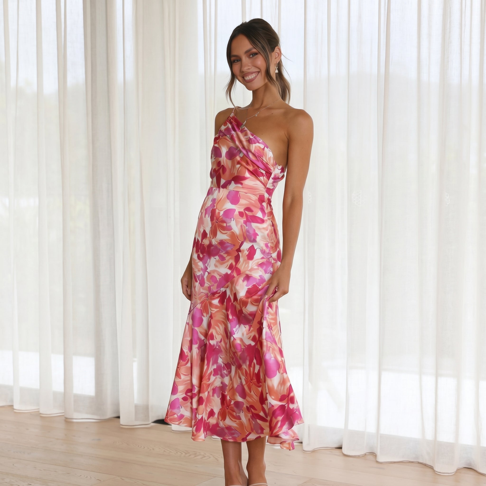 Grace - Women's Floral One-Shoulder Wedding Guest Midi Dress
