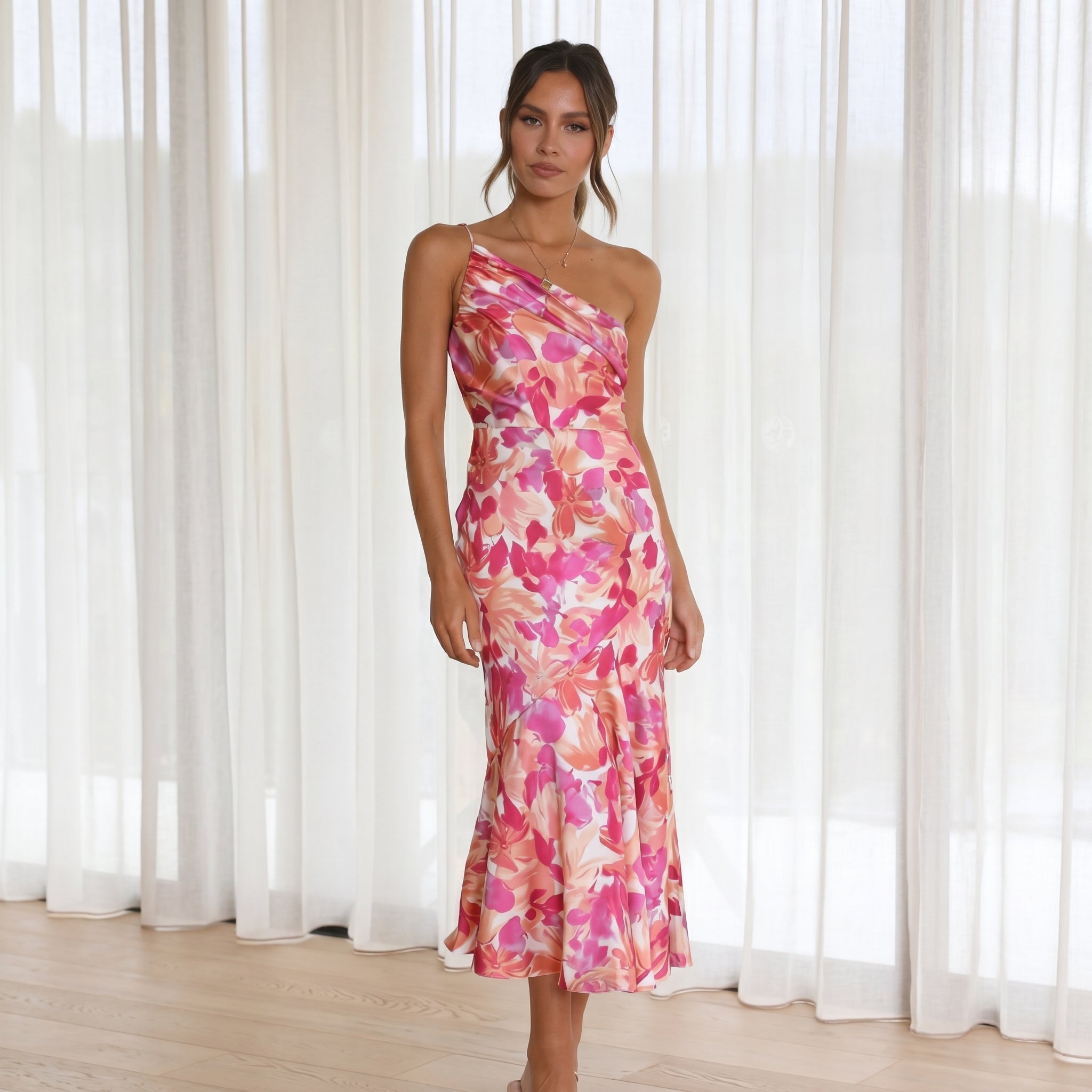 Grace - Women's Floral One-Shoulder Wedding Guest Midi Dress