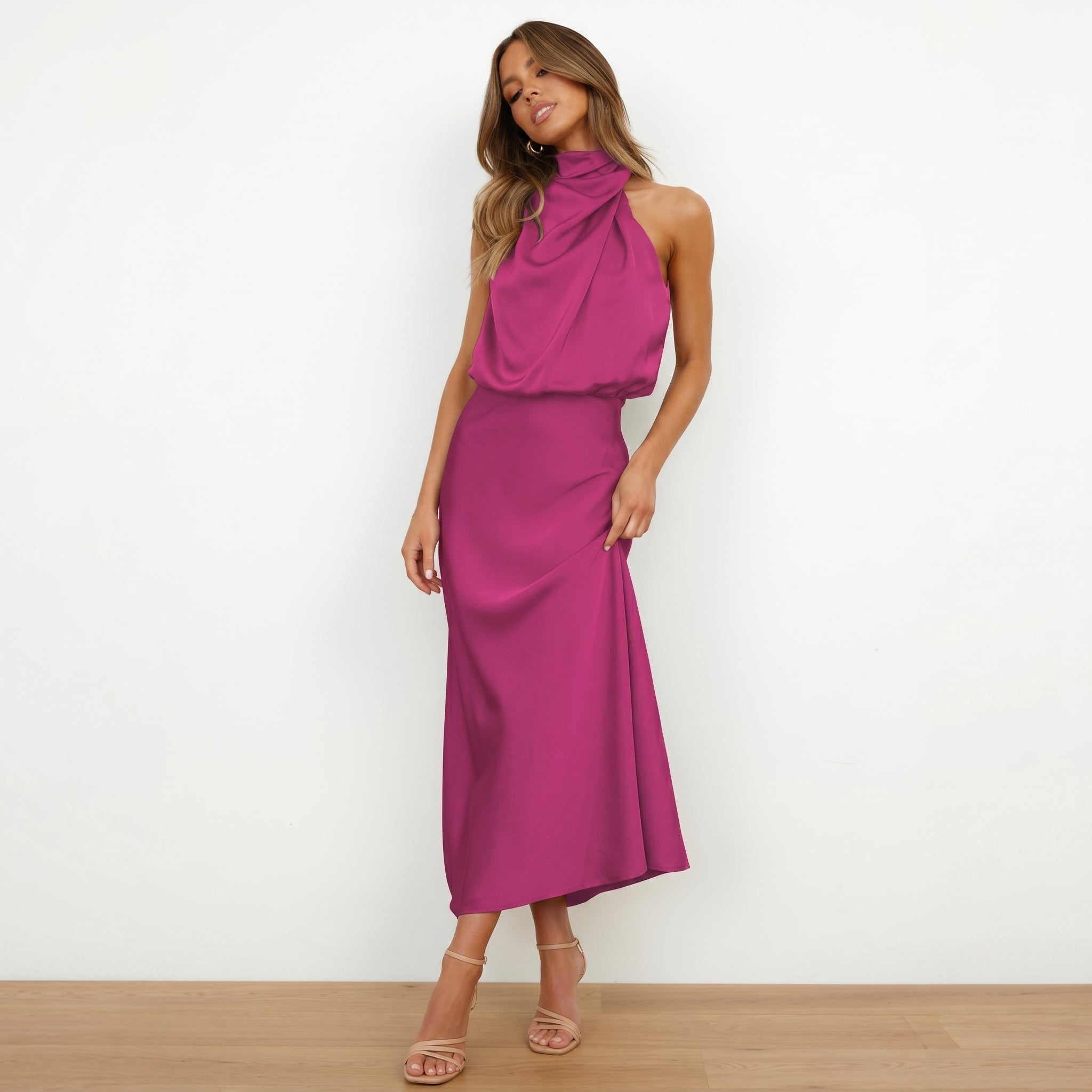 Alfreda - Women's Wedding Guest Halter Neck Midi Dress