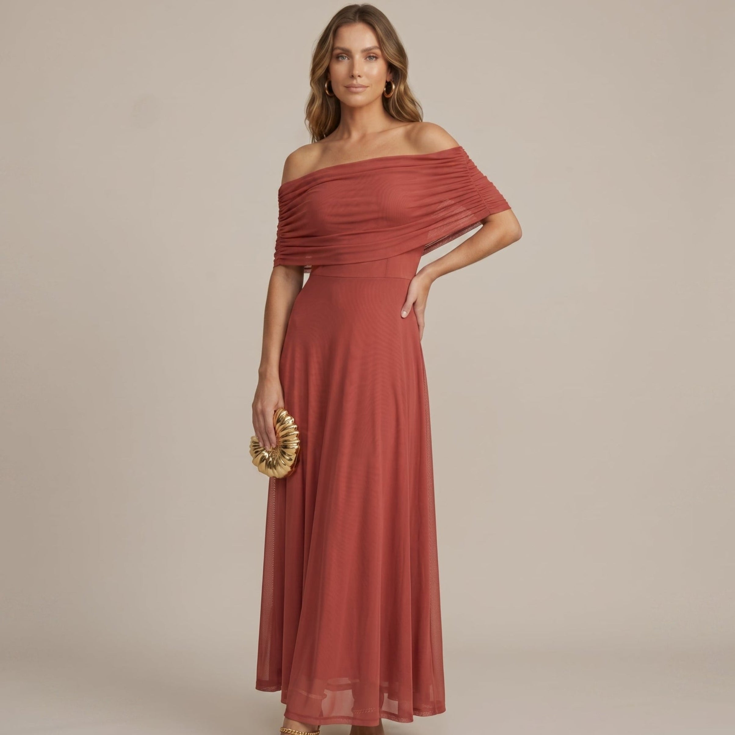 Clara - Women's Evening Off-Shoulder Ruched Wedding Guest Maxi Dress