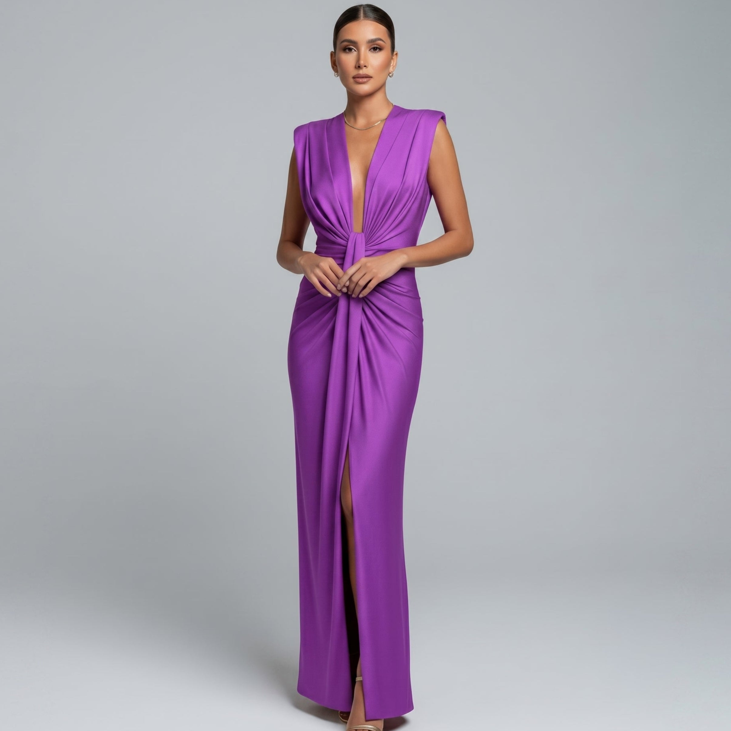 Clara - Women's Wedding Guest Plunge Ruched Maxi Dress