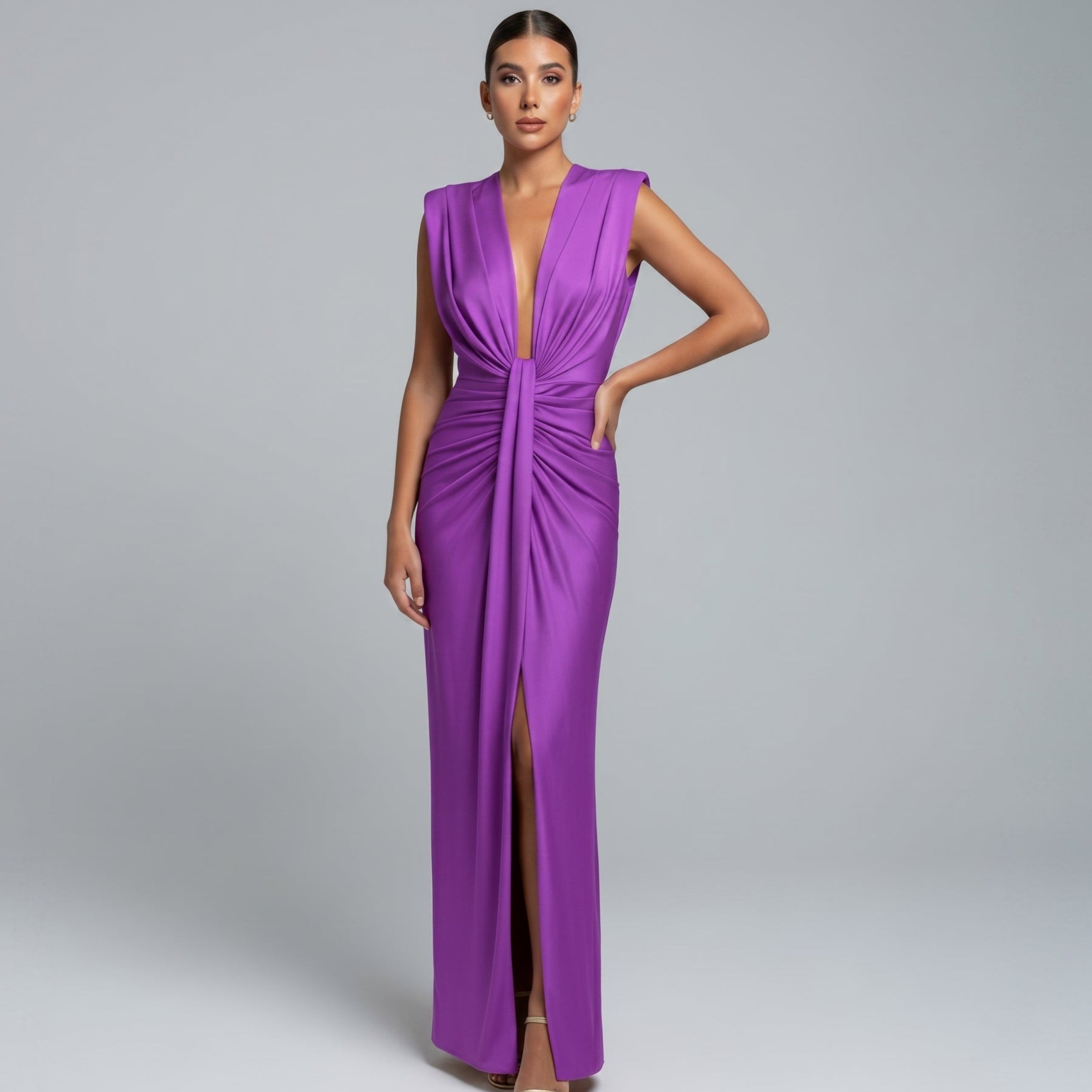 Clara - Women's Wedding Guest Plunge Ruched Maxi Dress