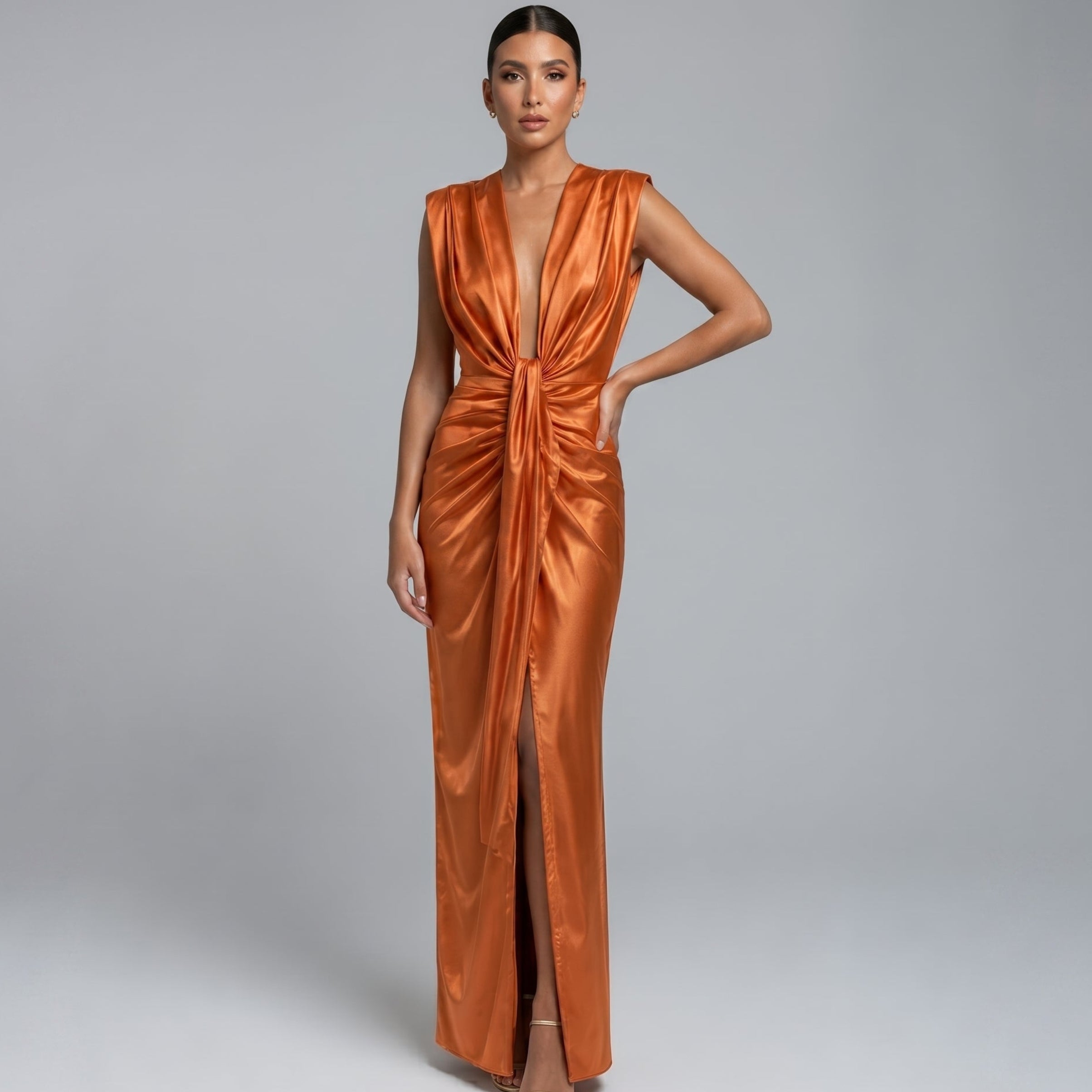 Clara - Women's Wedding Guest Plunge Ruched Maxi Dress