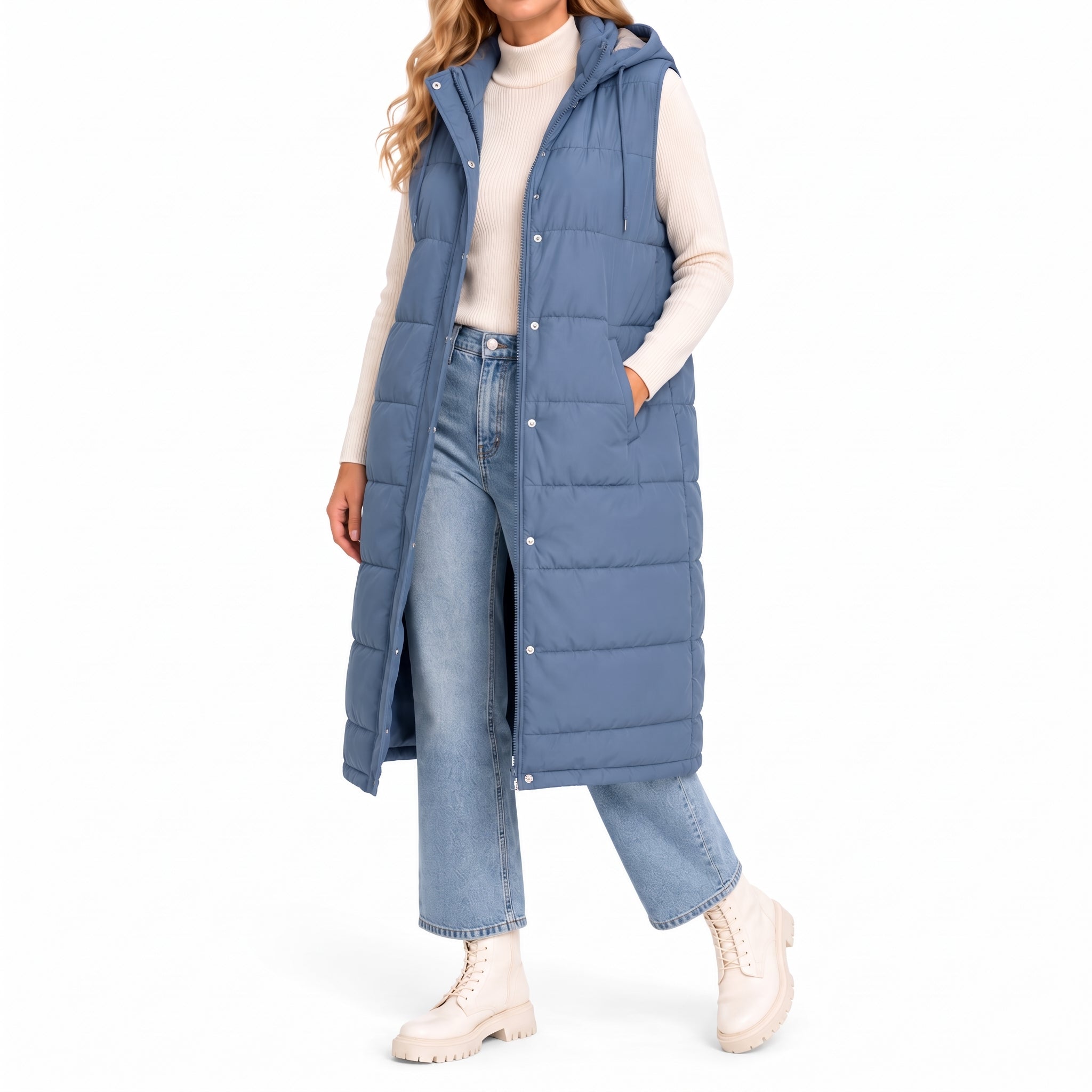 Isla - Women's Longline Hooded Puffer Gilet with Side Pockets