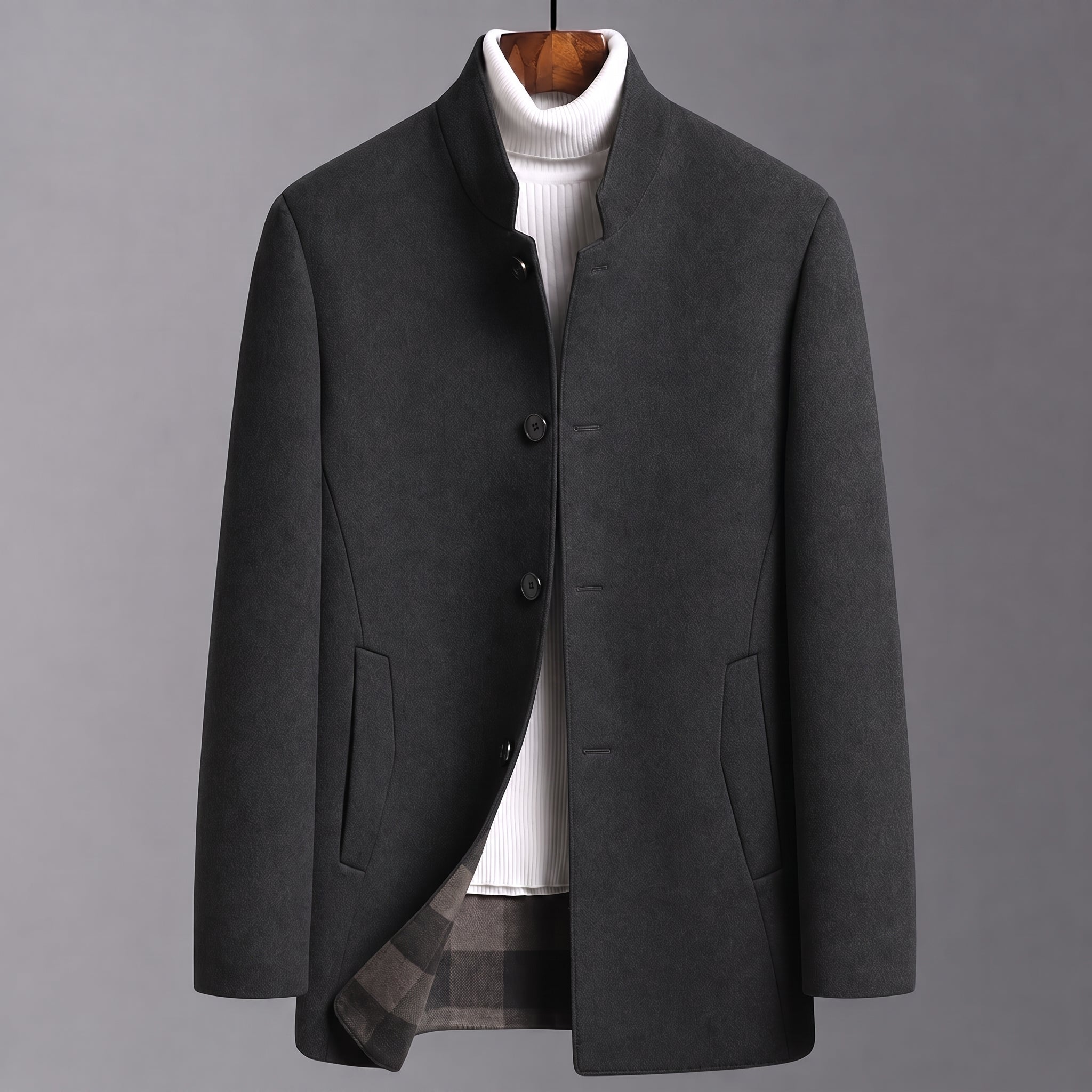 Oliver - Men's Stand Collar Wool Coat with Tartan Lining