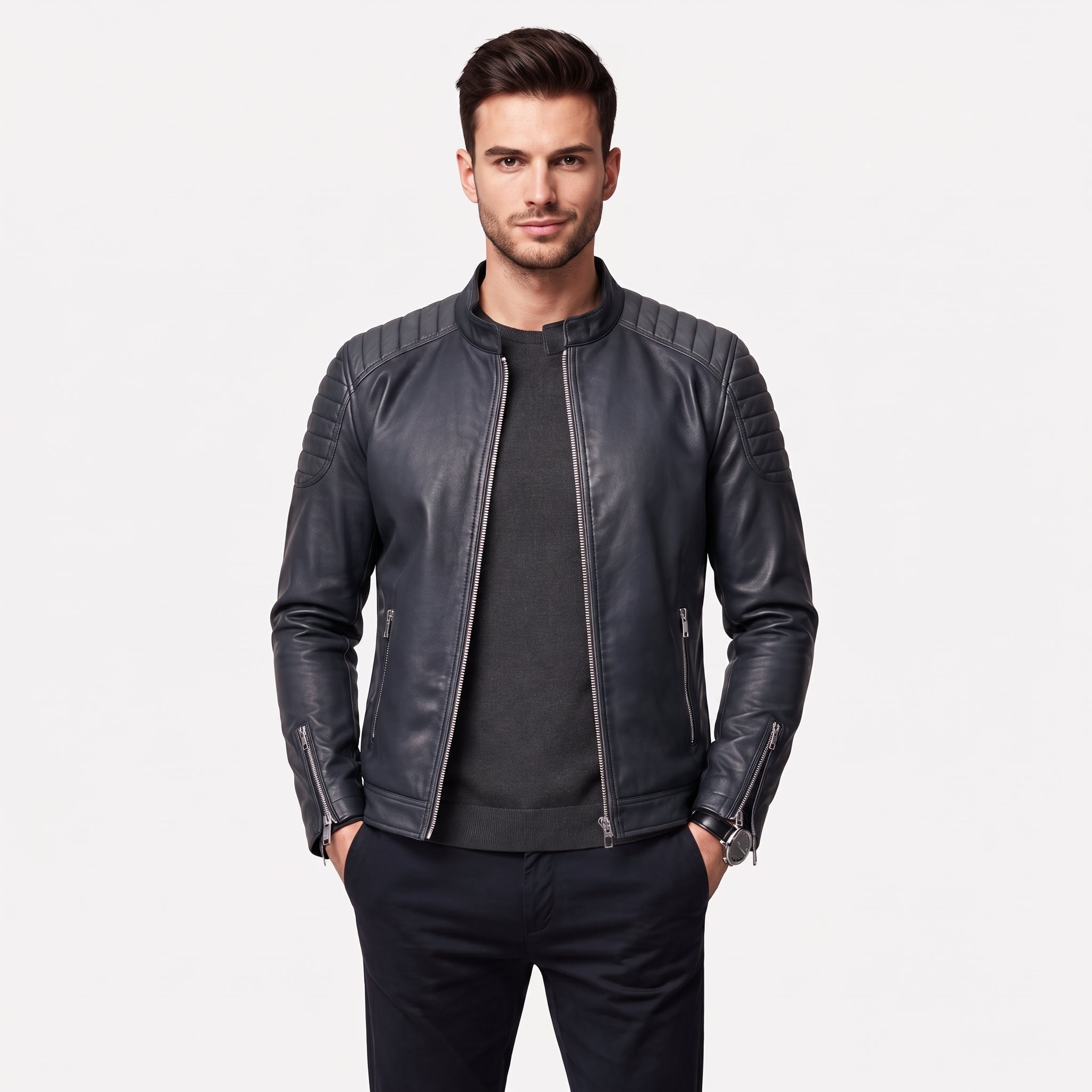 Marcus - Men's Slim Fit Leather Biker Jacket with Stand Collar