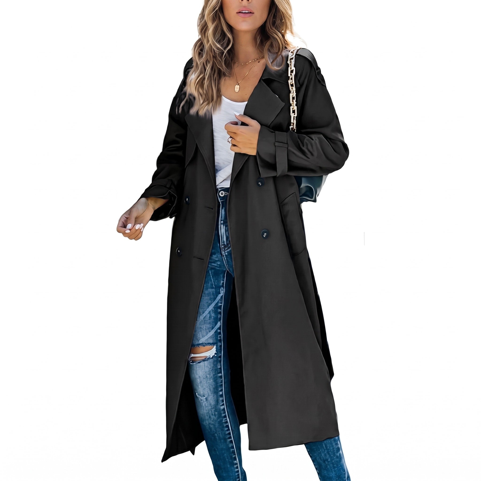 Sophie - Women's Double-Breasted Longline Trench Coat with Belted Waist