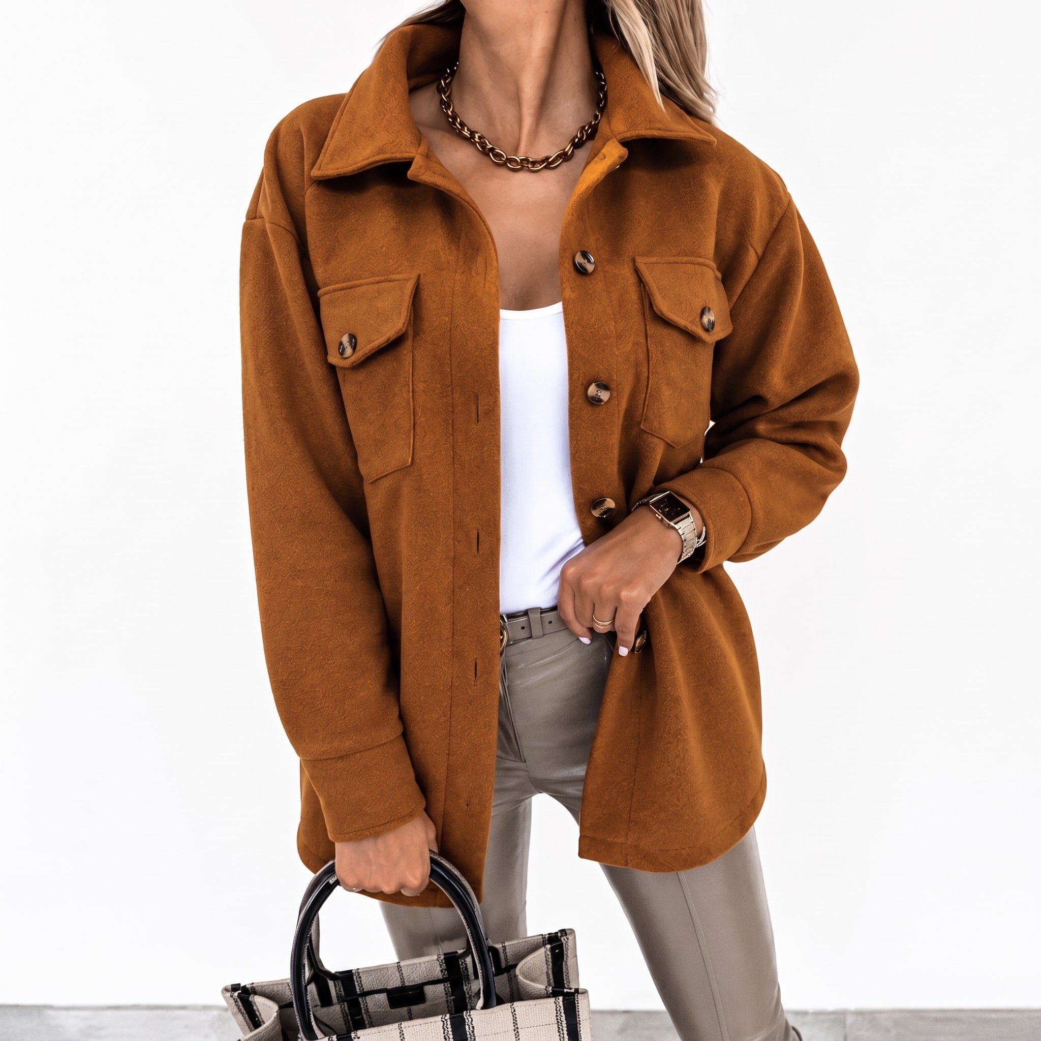 Sophie - Women's Oversized Button-Front Shirt Jacket with Flap Pockets