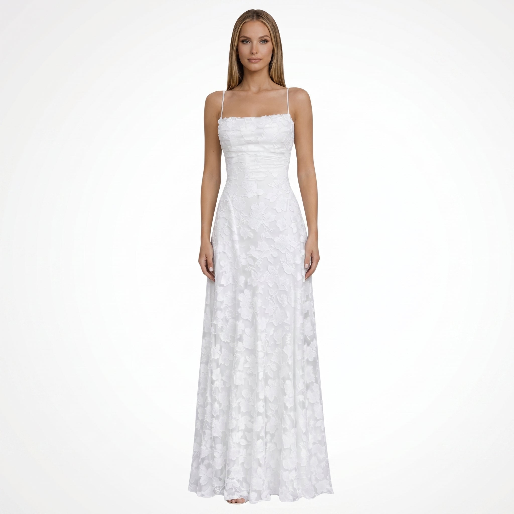 Adele - Women's Evening Spaghetti Strap Maxi Dress - Maxi Dresses - White - Davies & Cooper