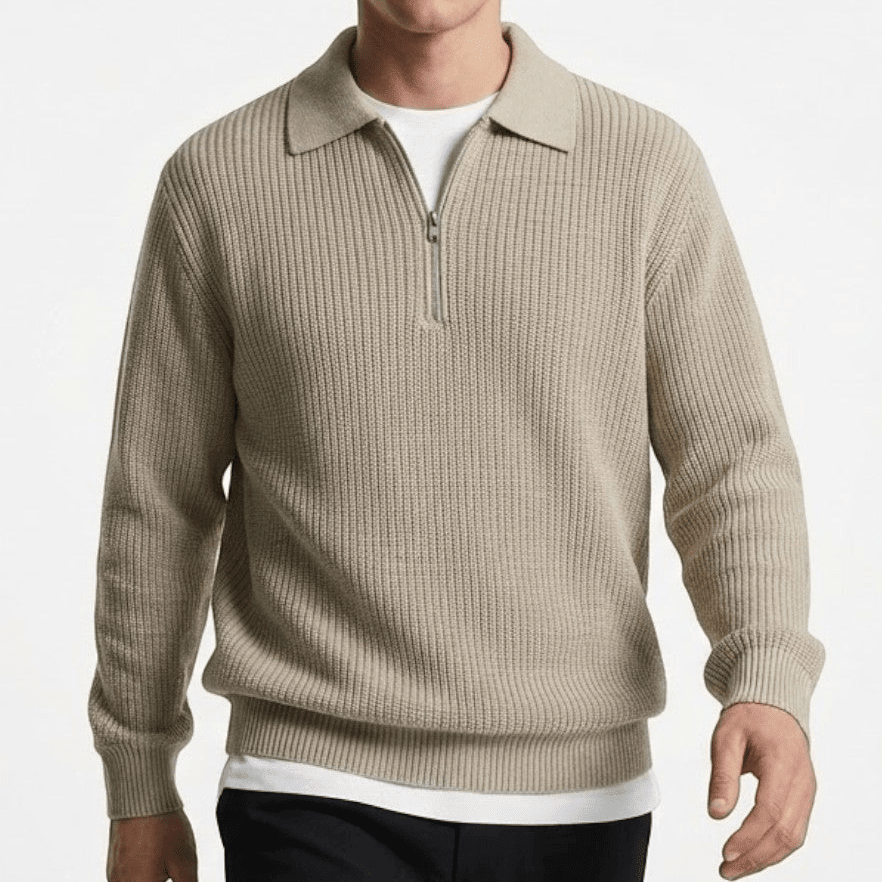 Adrian – Men's Wool Zipped Pullover - Sweater - Grey - Davies & Cooper