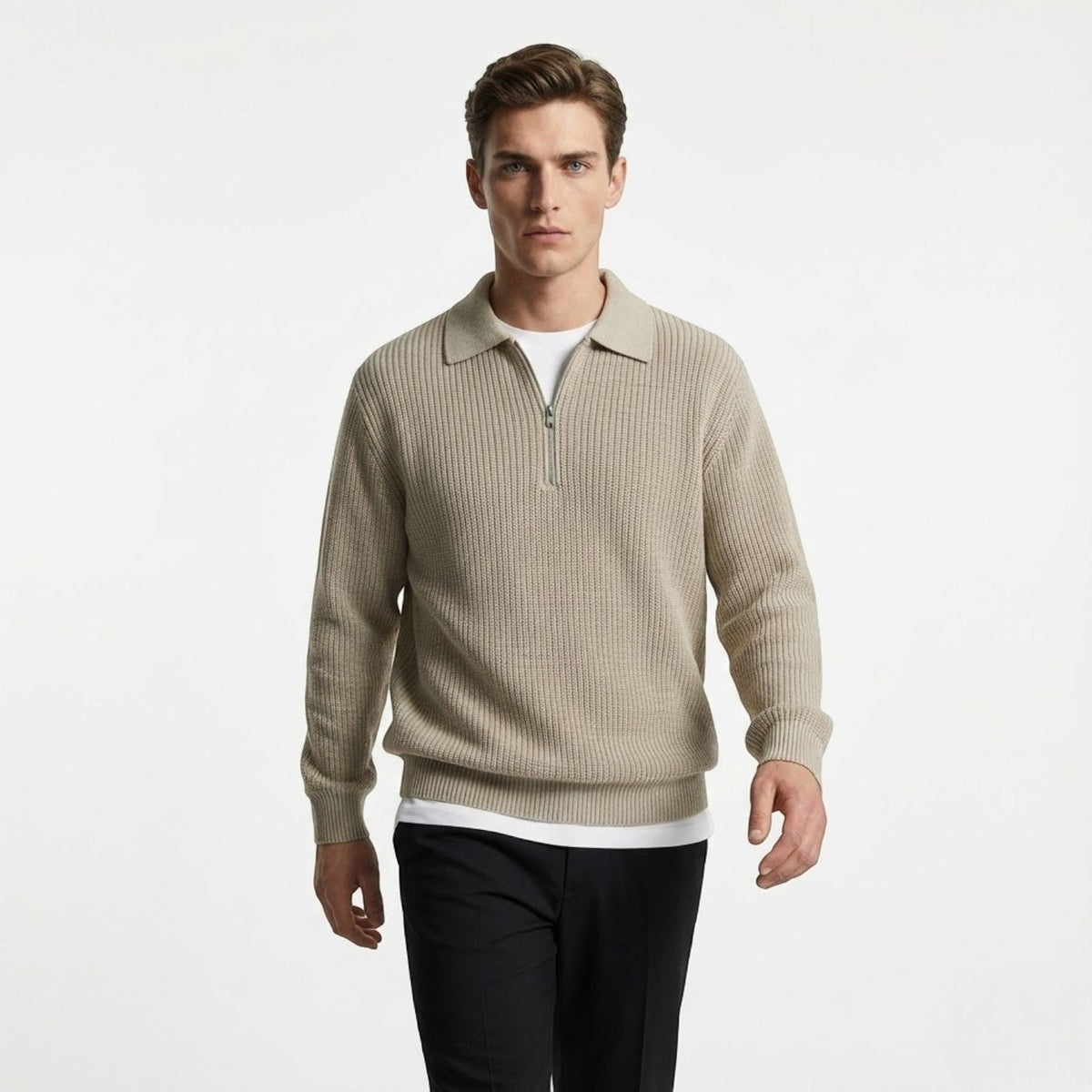 Adrian – Men's Wool Zipped Pullover - Sweater - Grey - Davies & Cooper
