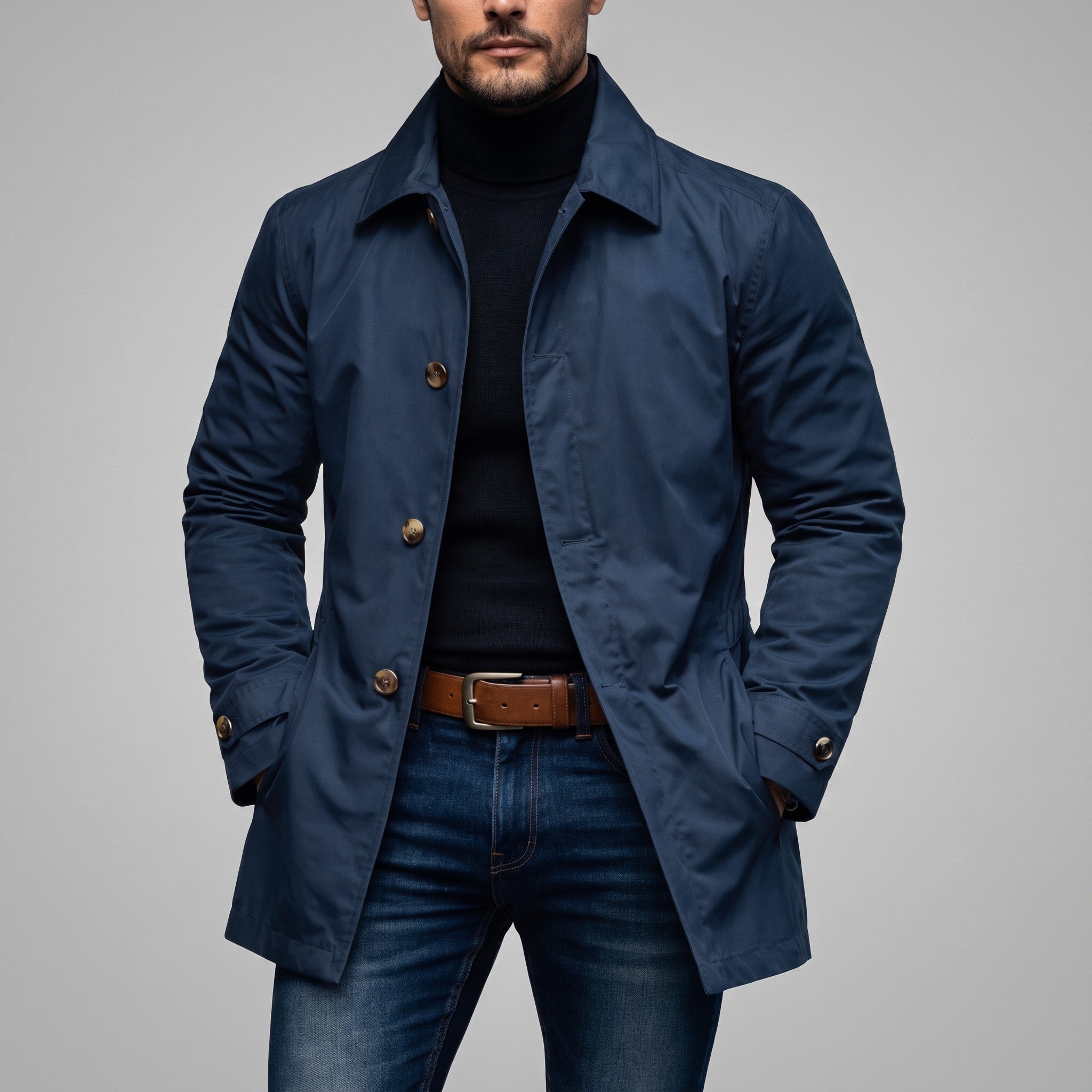 James - Men's Longline Mac Coat with Point Collar and Button Front