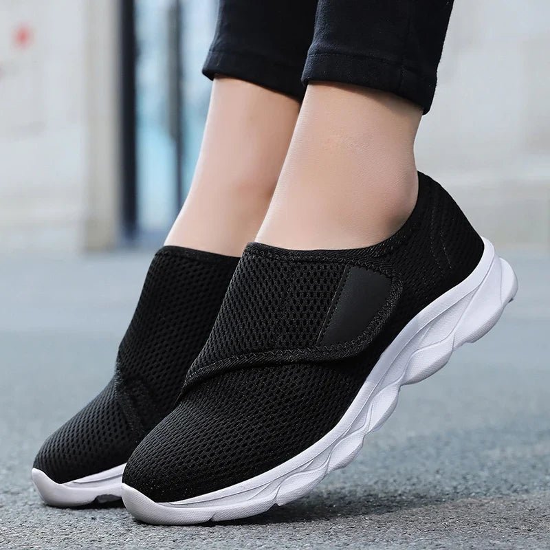 Alan - Unisex Orthopaedic Slip-On Trainers with Adjustable Strap - Sneakers - Black / White - Davies & Cooper
