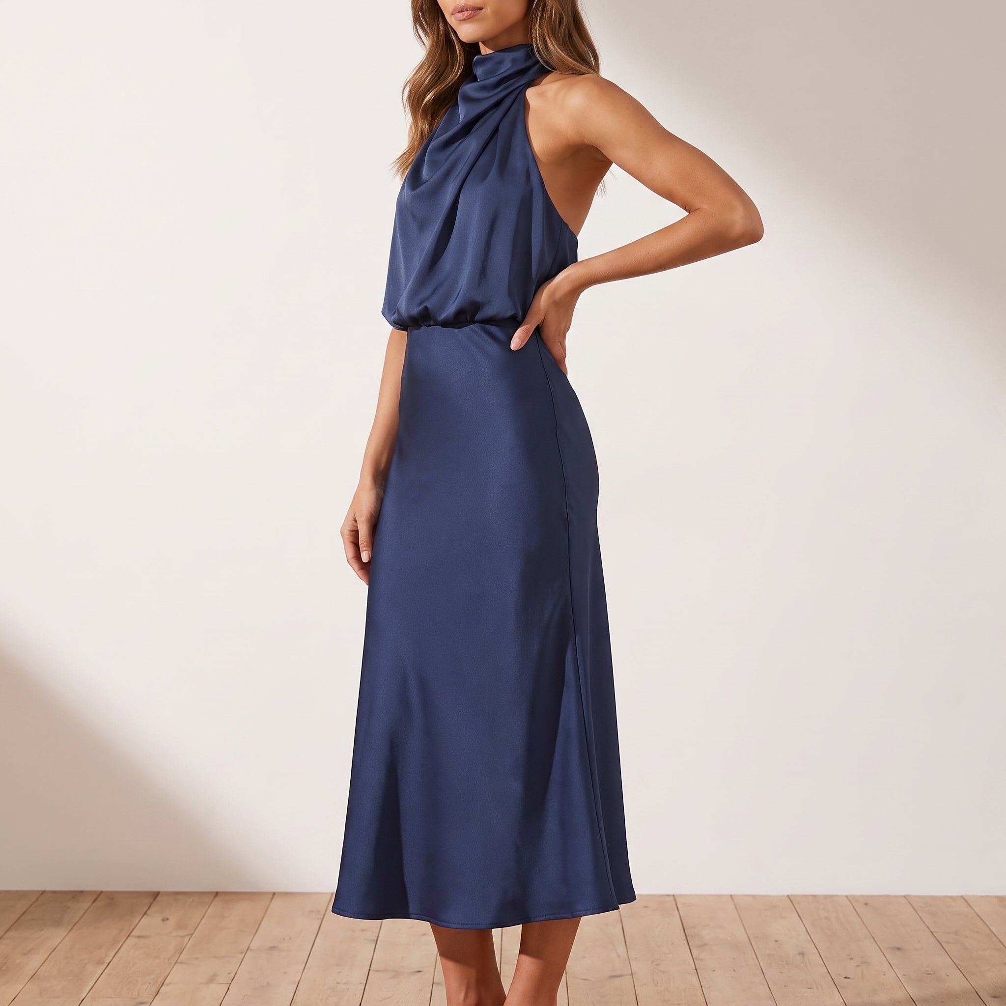 Alfreda - Women's Wedding Guest Halter Neck Midi Dress - Dresses - Blue - Davies & Cooper