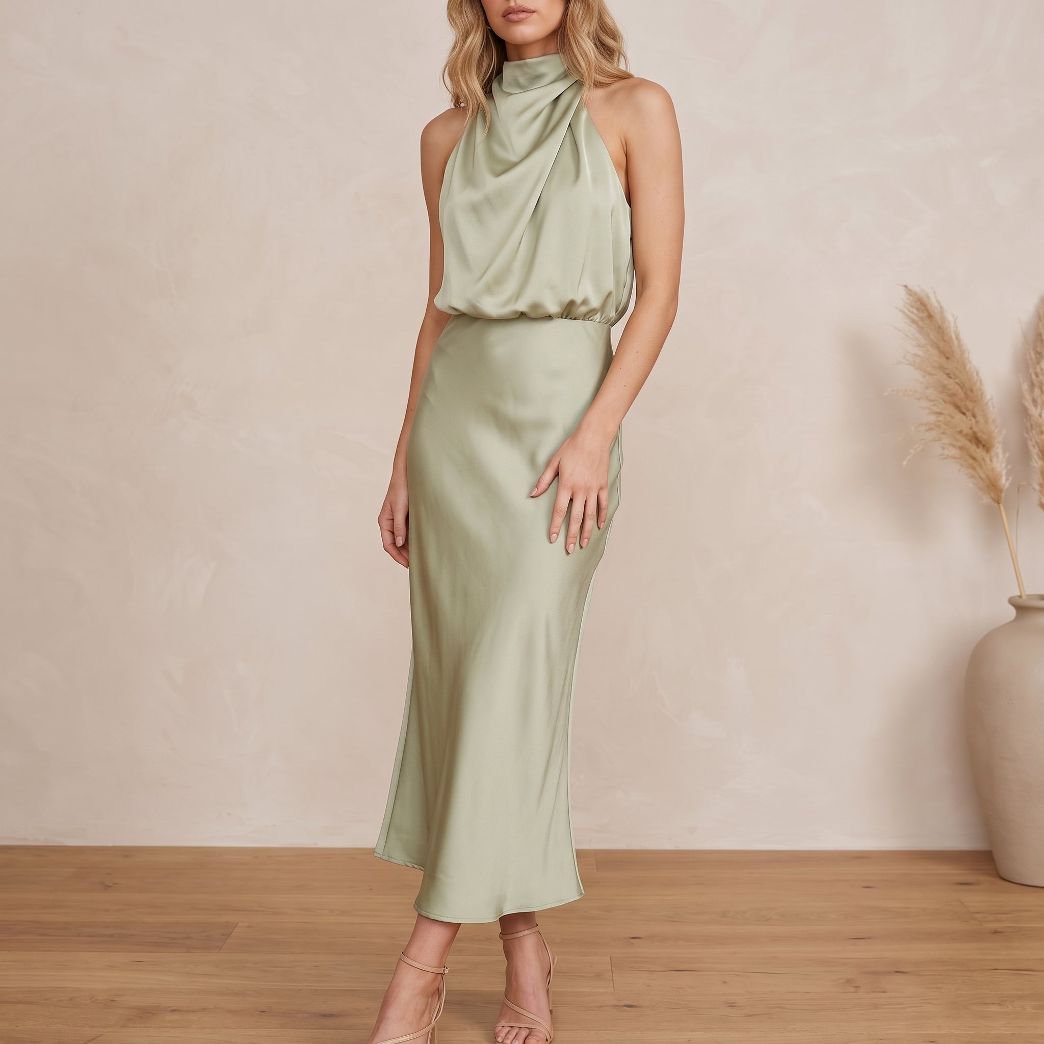 Alfreda - Women's Wedding Guest Halter Neck Midi Dress - Dresses - Light Green - Davies & Cooper