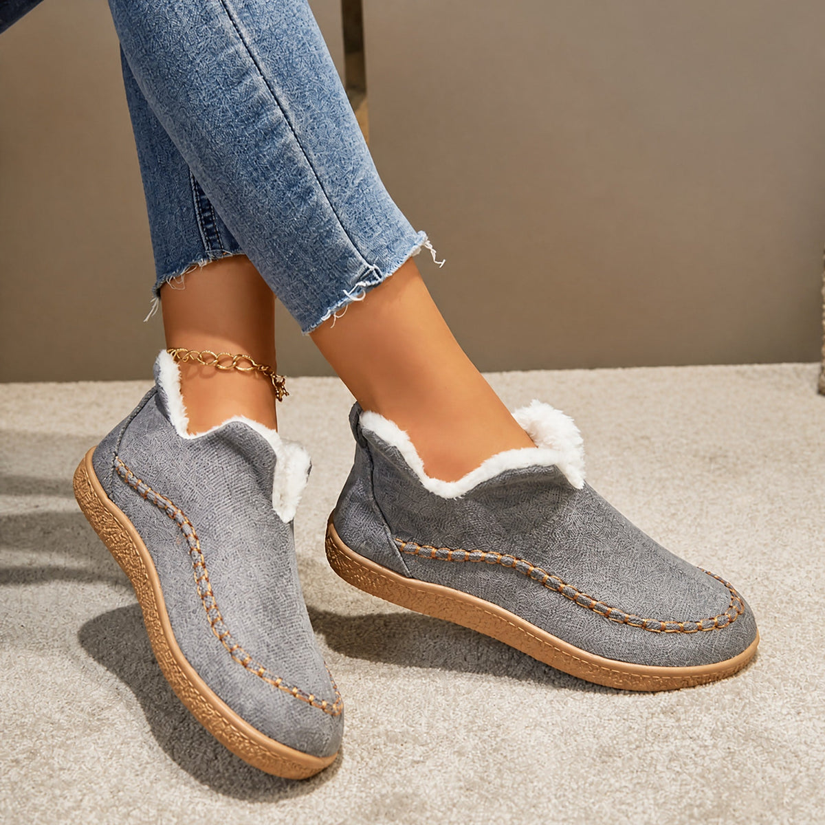 Alice - Women's Fleece-Lined Ankle Boots with Stitch Detail - Boots - Grey - Davies & Cooper