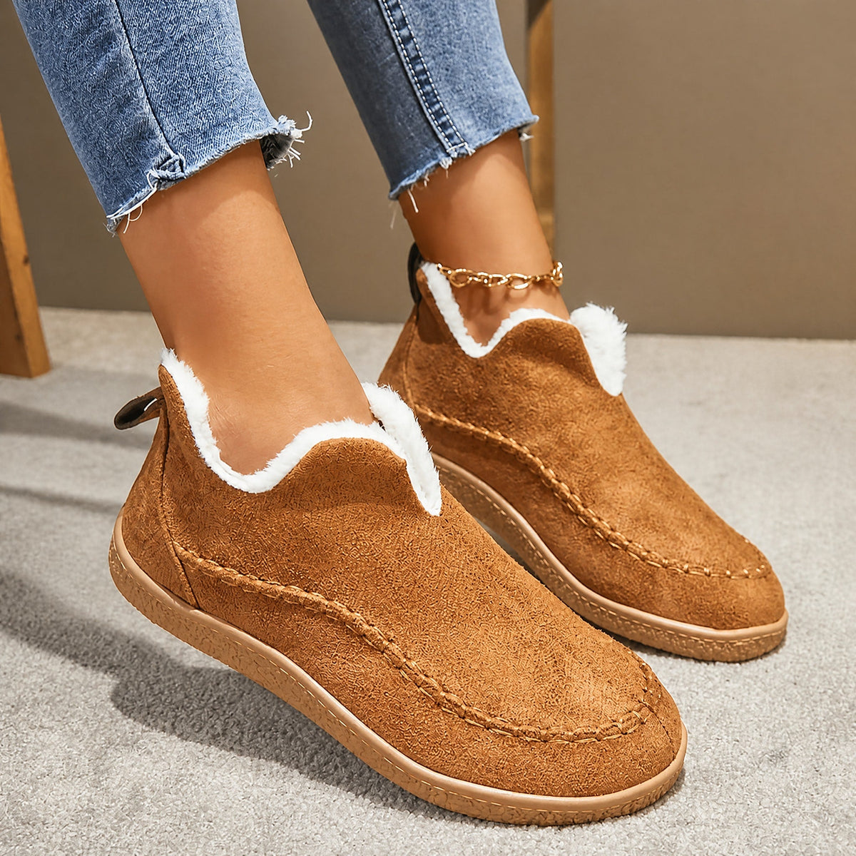 Alice - Women's Fleece-Lined Ankle Boots with Stitch Detail - Boots - Brown - Davies & Cooper