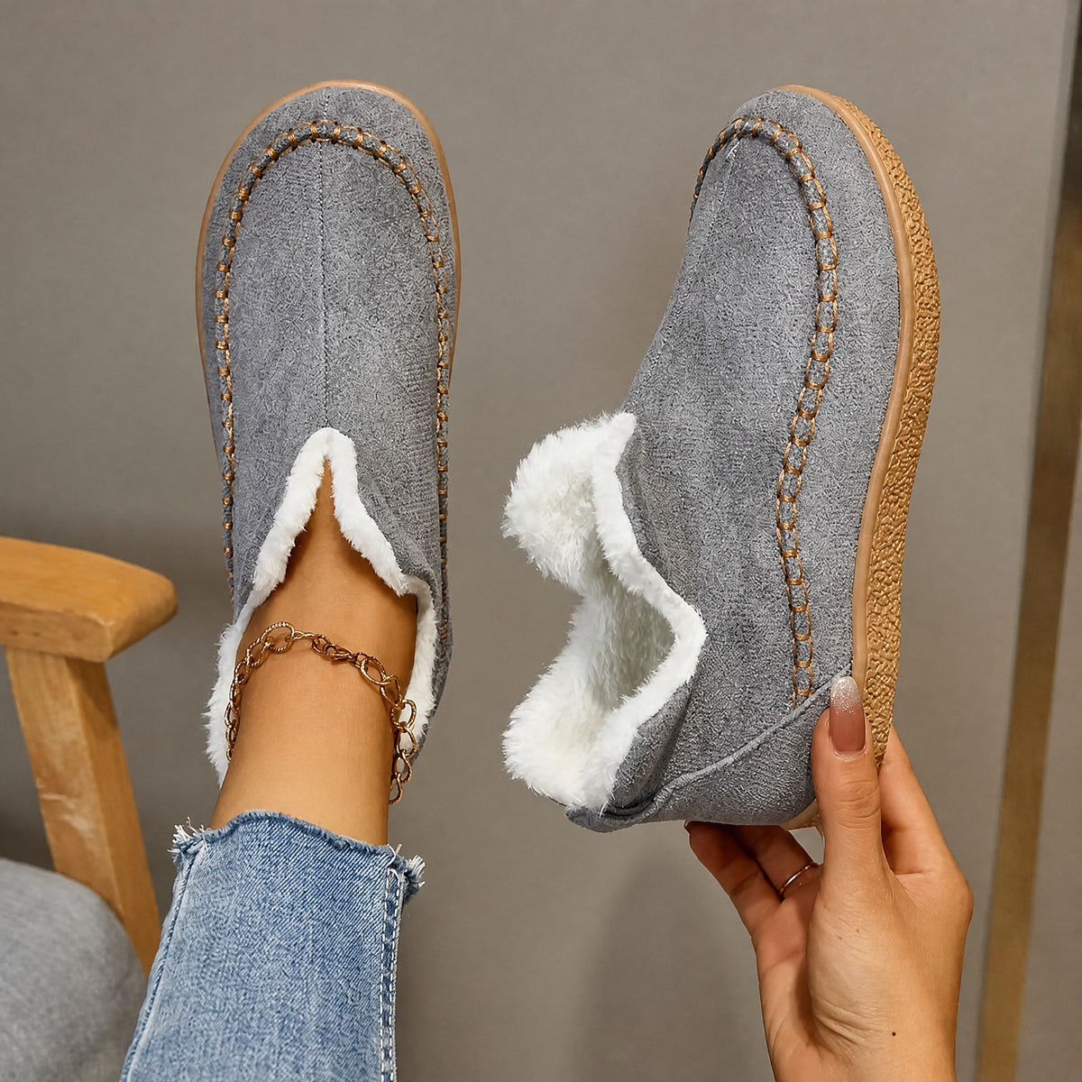 Alice - Women's Fleece-Lined Ankle Boots with Stitch Detail - Boots - Grey - Davies & Cooper