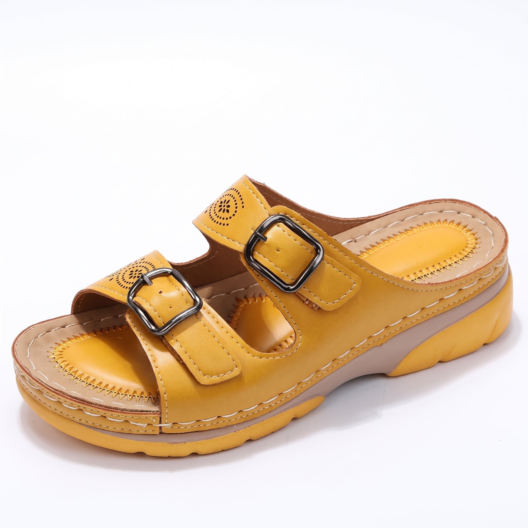 Alice – Women's Orthopaedic Double Buckle Strap Wedge Sandals - Sandals - Yellow - Davies & Cooper