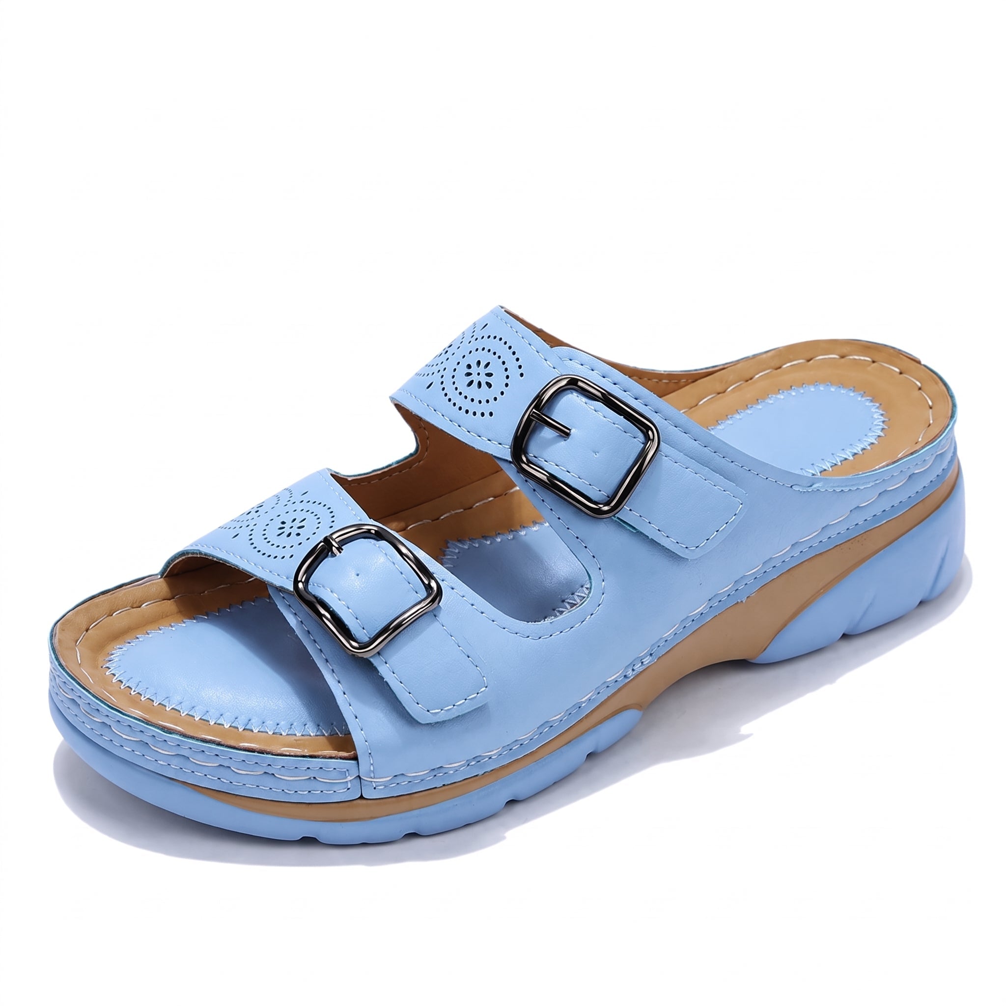 Alice – Women's Orthopaedic Double Buckle Strap Wedge Sandals - Sandals - Light Blue - Davies & Cooper