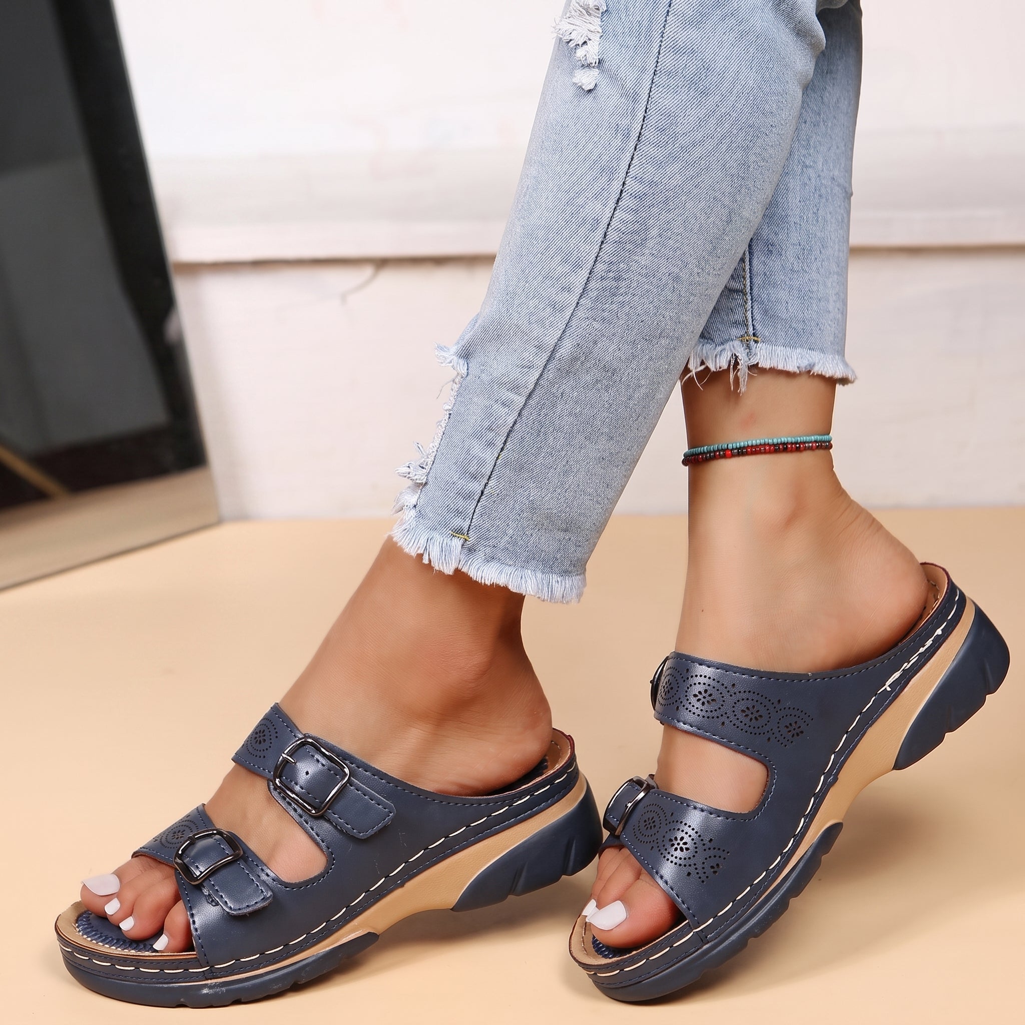 Alice – Women's Orthopaedic Double Buckle Strap Wedge Sandals - Sandals - Dark Blue - Davies & Cooper
