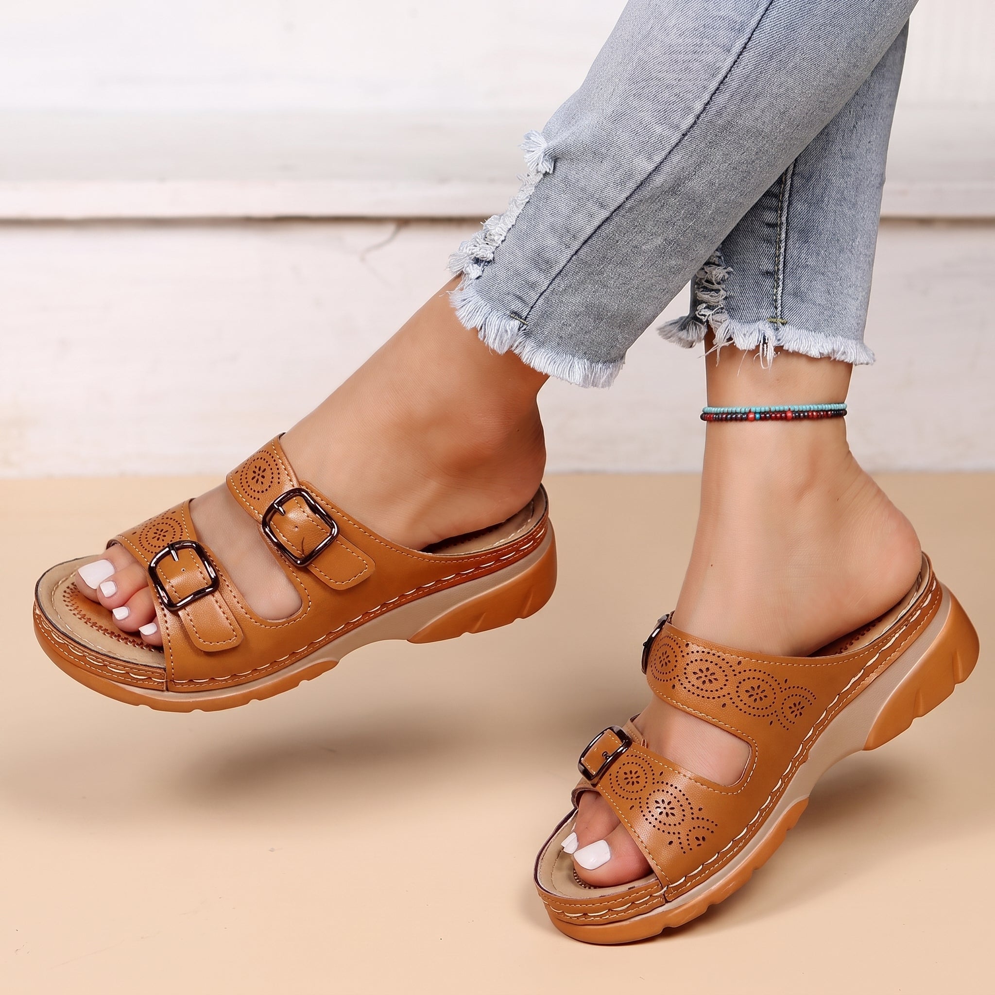 Alice – Women's Orthopaedic Double Buckle Strap Wedge Sandals - Sandals - Brown - Davies & Cooper
