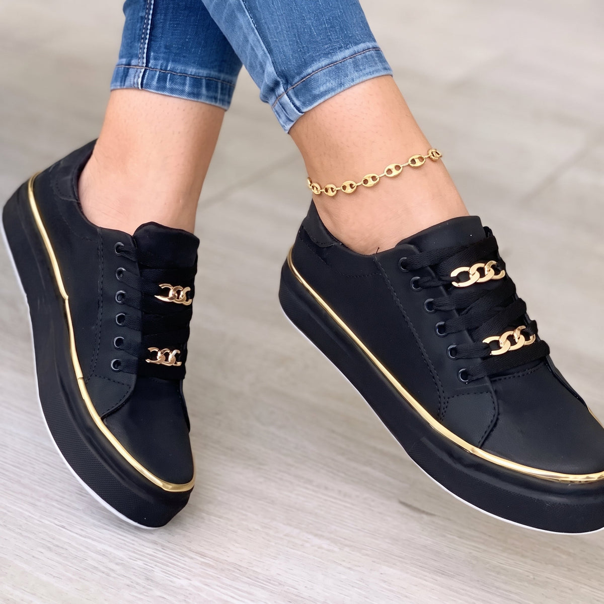 Alice - Women's Orthopaedic Lace-Up Platform Trainers with Gold Chain Detail - Sneakers - Black - Davies & Cooper