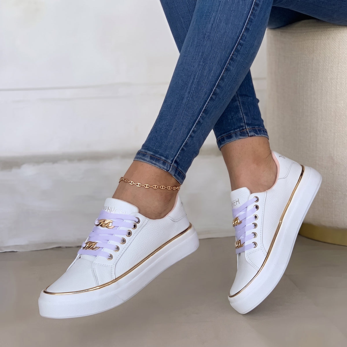 Alice - Women's Orthopaedic Lace-Up Platform Trainers with Gold Chain Detail - Sneakers - White - Davies & Cooper