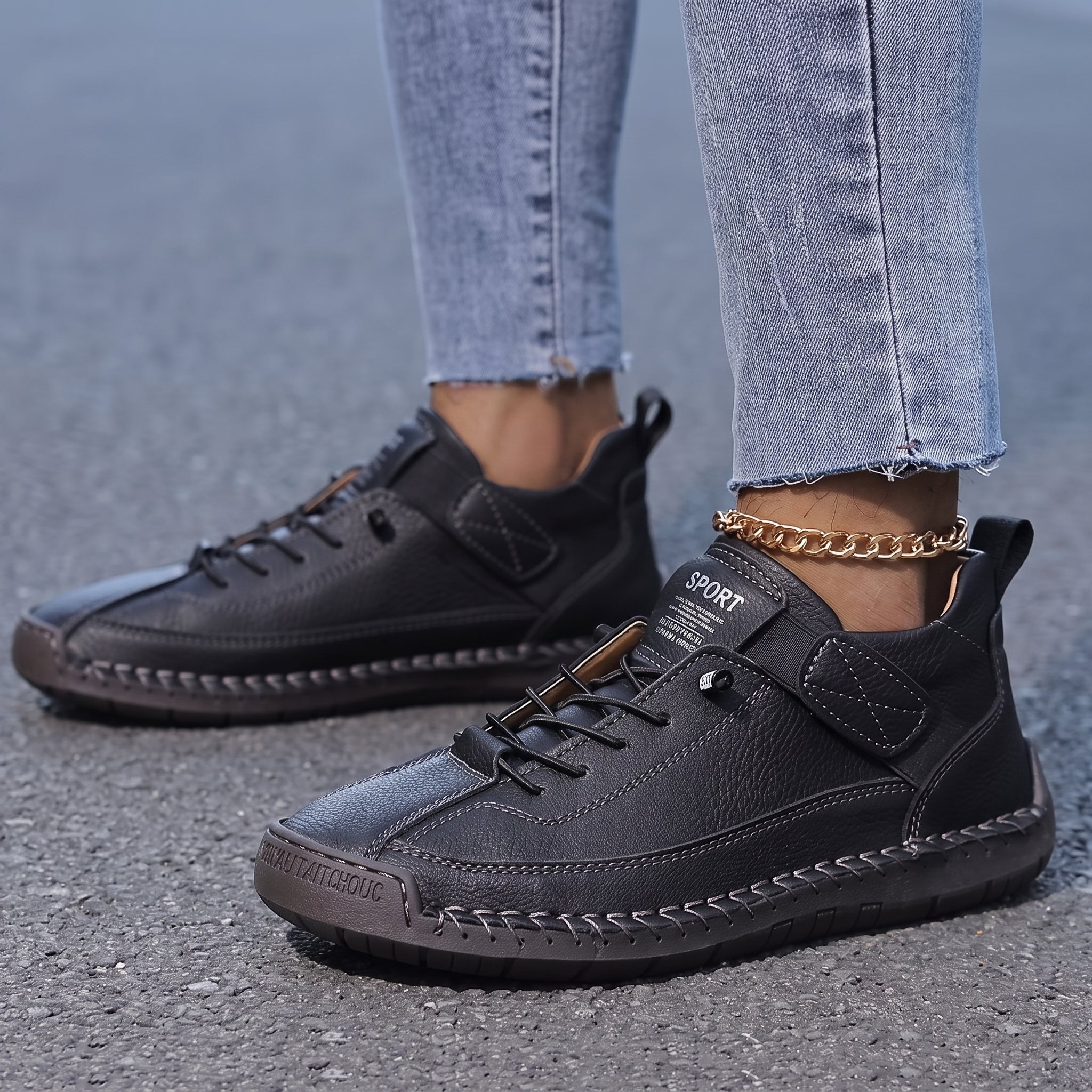 Alice - Women's Orthopaedic Lace-Up Trainers with Hand-Stitched Detail - Sneakers - Black - Davies & Cooper