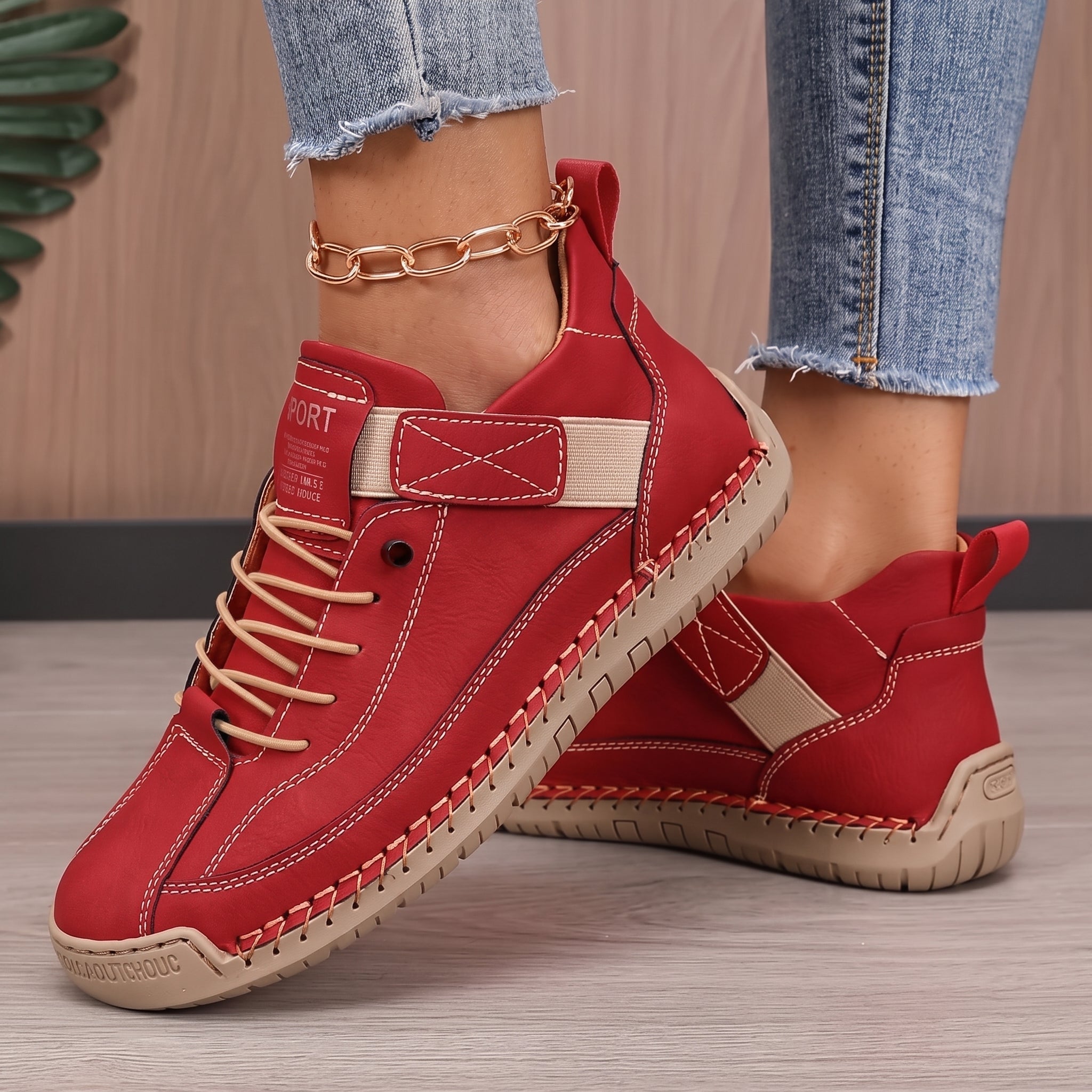 Alice - Women's Orthopaedic Lace-Up Trainers with Hand-Stitched Detail - Sneakers - Red - Davies & Cooper