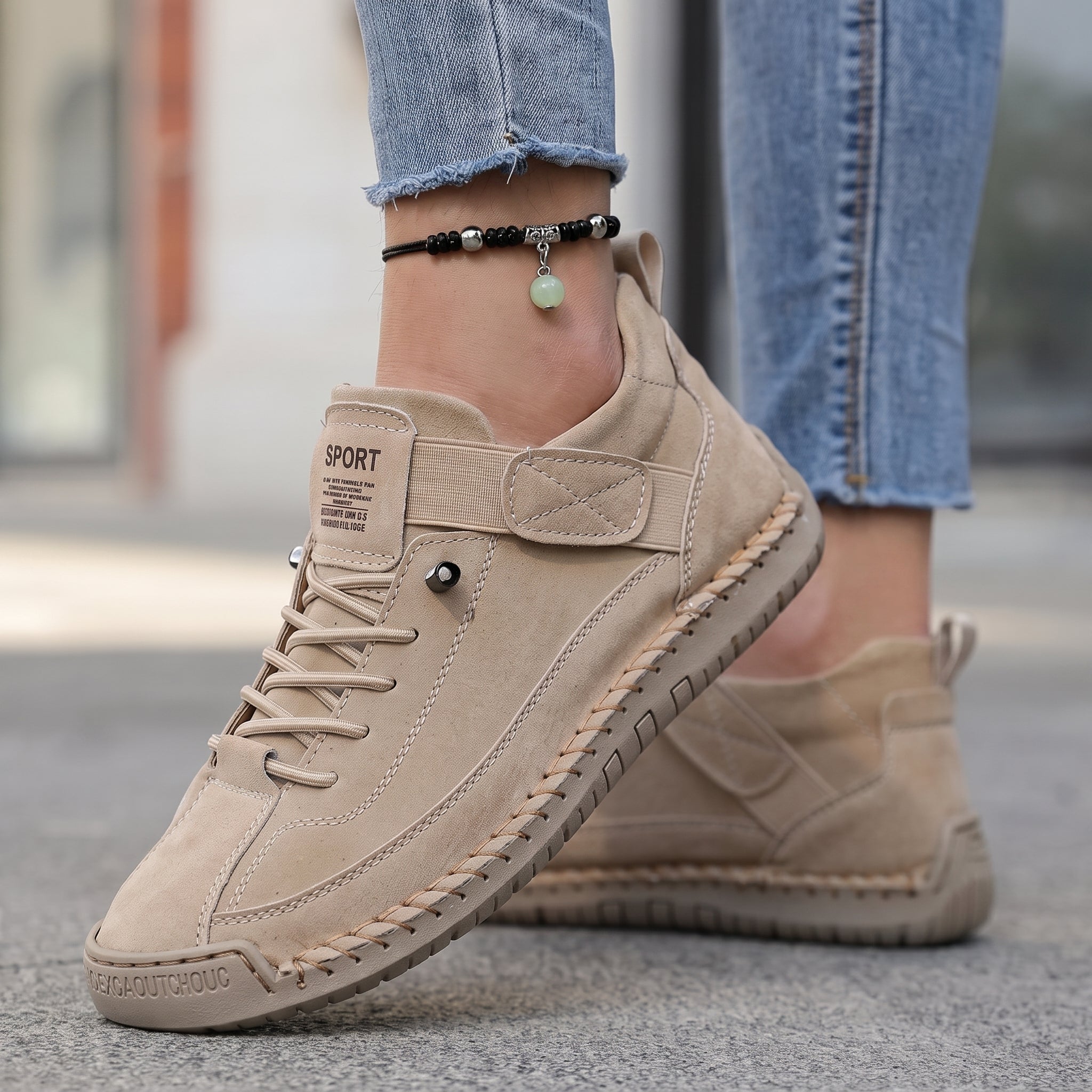 Alice - Women's Orthopaedic Lace-Up Trainers with Hand-Stitched Detail - Sneakers - Beige - Davies & Cooper