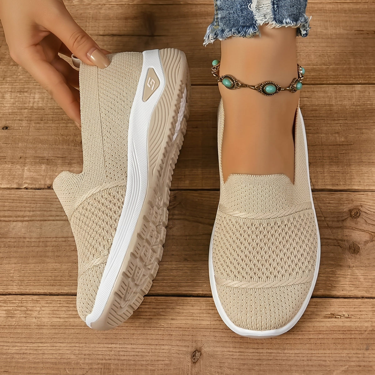 Alice - Women's Orthopaedic Lightweight Slip-On Trainers - Orthopaedic Shoes - Beige - Davies & Cooper