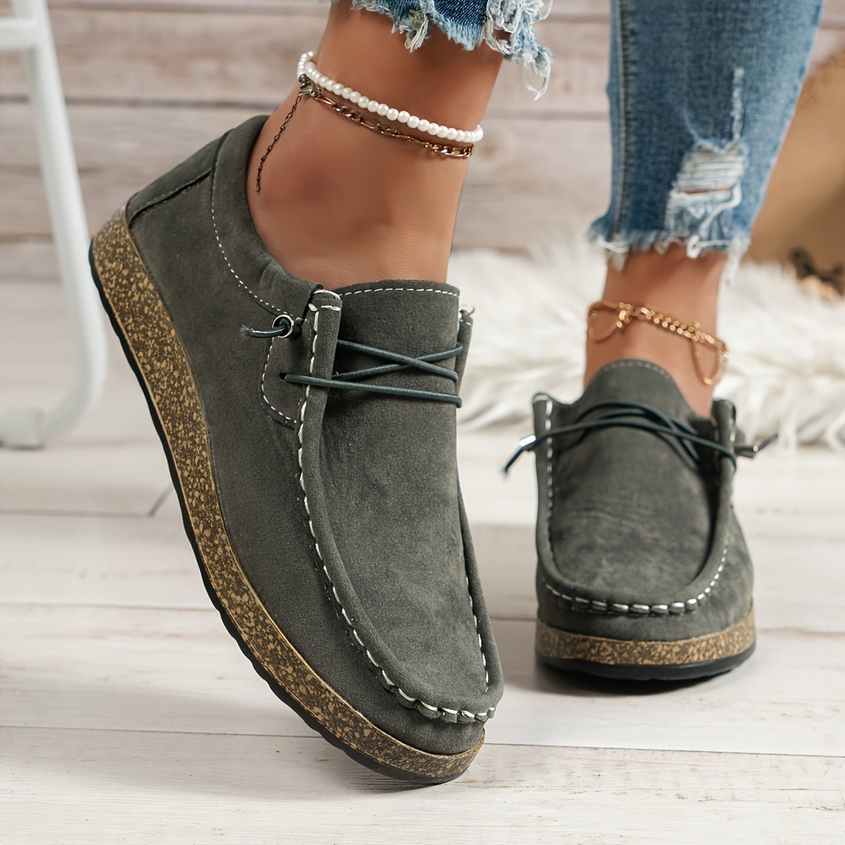 Alice - Women's Orthopaedic Moccasin Loafers with Cork Sole - Flats - Green - Davies & Cooper