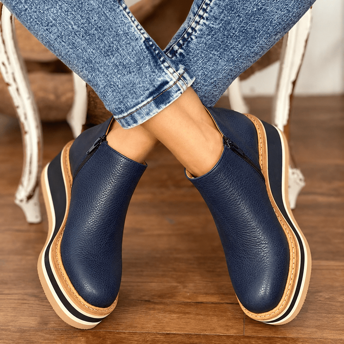 Alice - Women's Orthopaedic Platform Ankle Boots with Wedge Heel - Boots - Dark Blue - Davies & Cooper