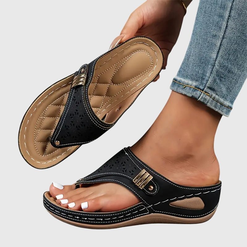Alice - Women's Orthopaedic Wedge Sandals with Toe Post - Sandals - Black - Davies & Cooper