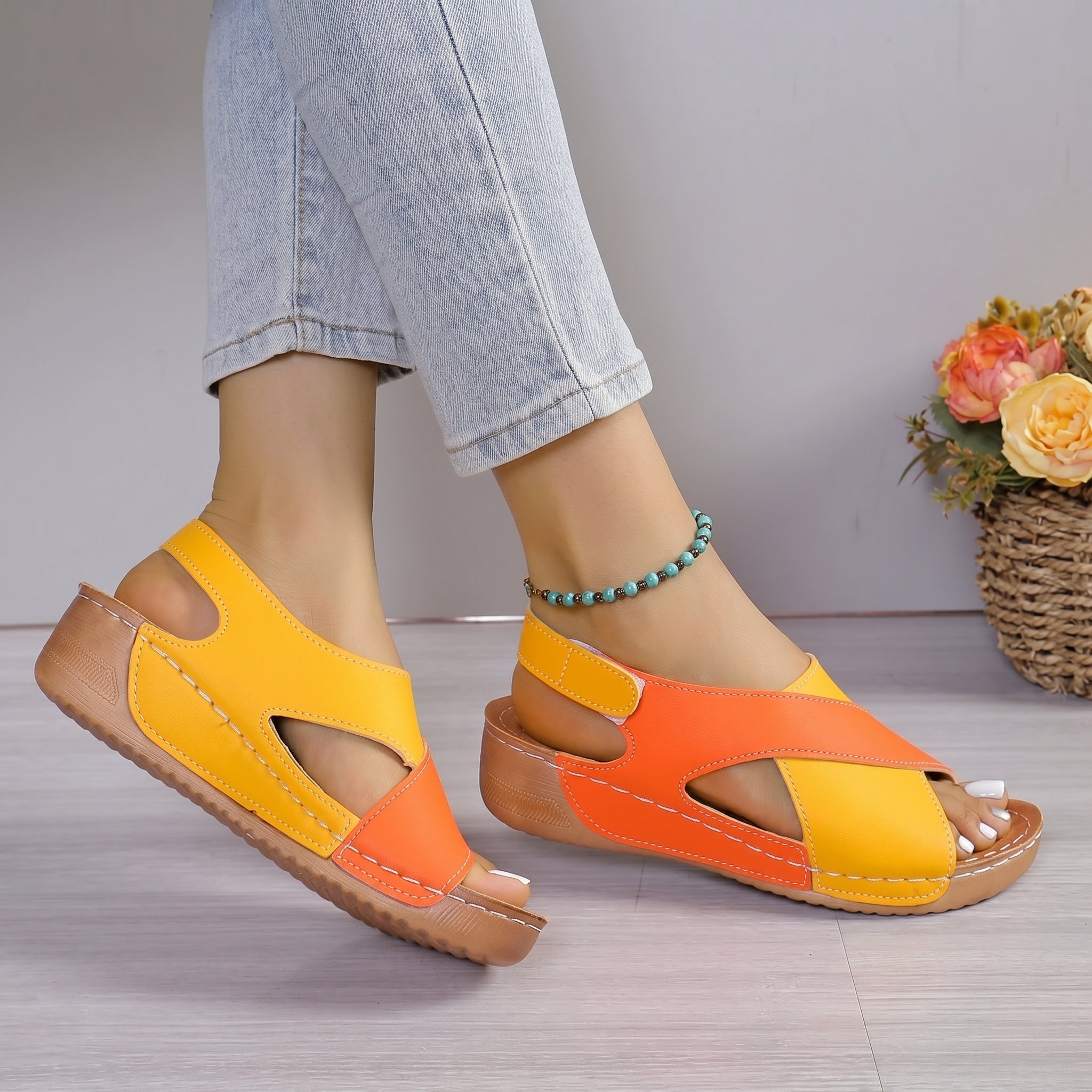 Alice - Women's Orthopaedic Wedge Sandals with Velcro Strap - Sandals - Yellow - Davies & Cooper