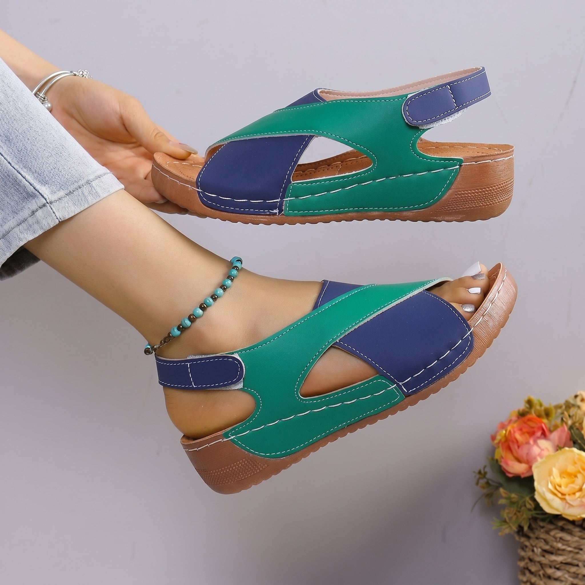Alice - Women's Orthopaedic Wedge Sandals with Velcro Strap - Sandals - Green - Davies & Cooper