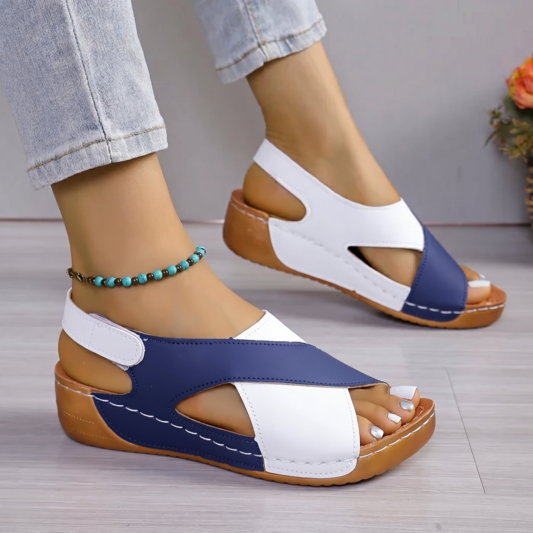 Alice - Women's Orthopaedic Wedge Sandals with Velcro Strap - Sandals - Blue - Davies & Cooper
