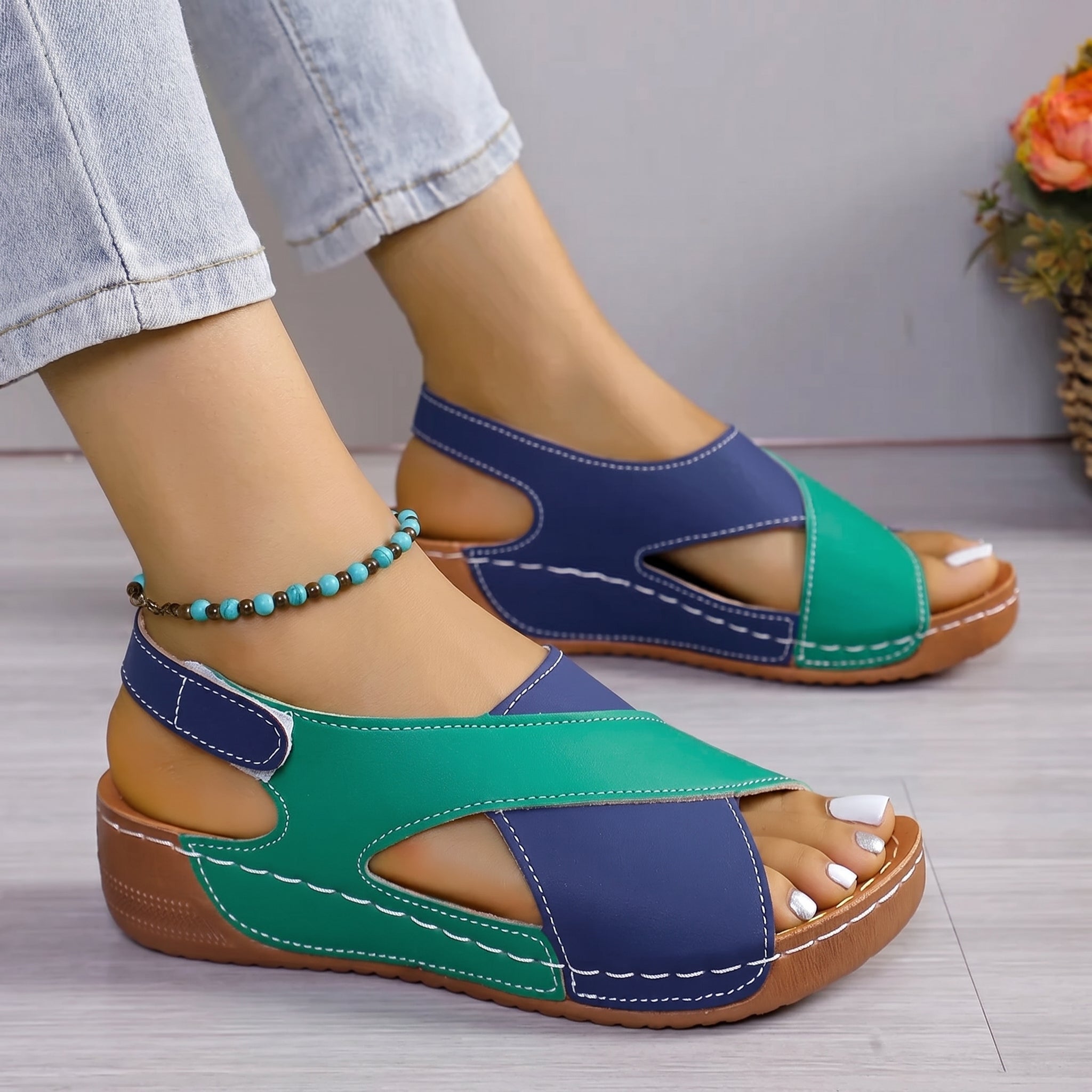 Alice - Women's Orthopaedic Wedge Sandals with Velcro Strap - Sandals - Green - Davies & Cooper