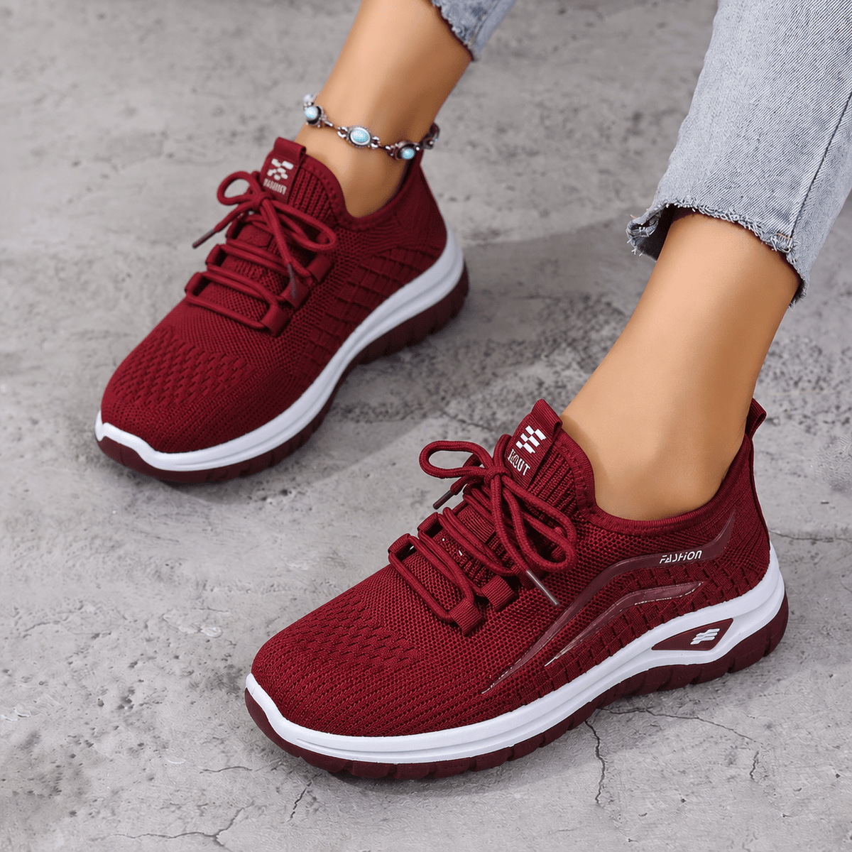 Alice - Women's Orthopaedic Wide Fit Lace-Up Trainers with Cushioned Sole - Sneakers - Red - Davies & Cooper