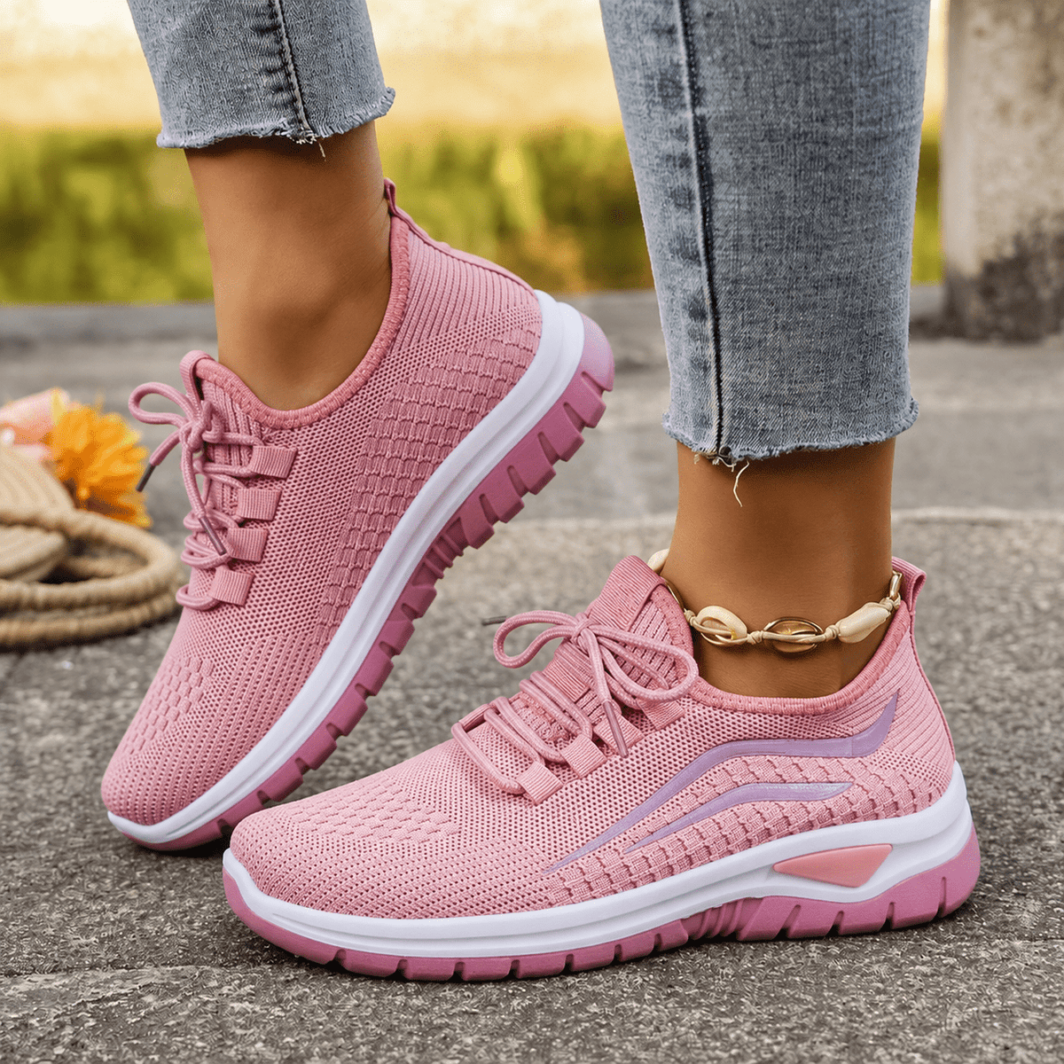 Alice - Women's Orthopaedic Wide Fit Lace-Up Trainers with Cushioned Sole - Sneakers - Pink - Davies & Cooper
