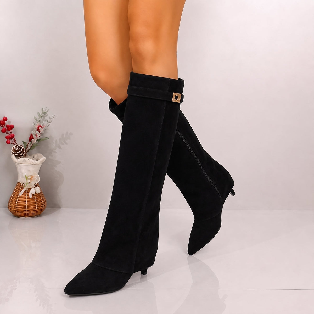 Alice - Women's Pointed Toe Knee-High Boots with Fold-Over Cuff - Boots - Black - Davies & Cooper