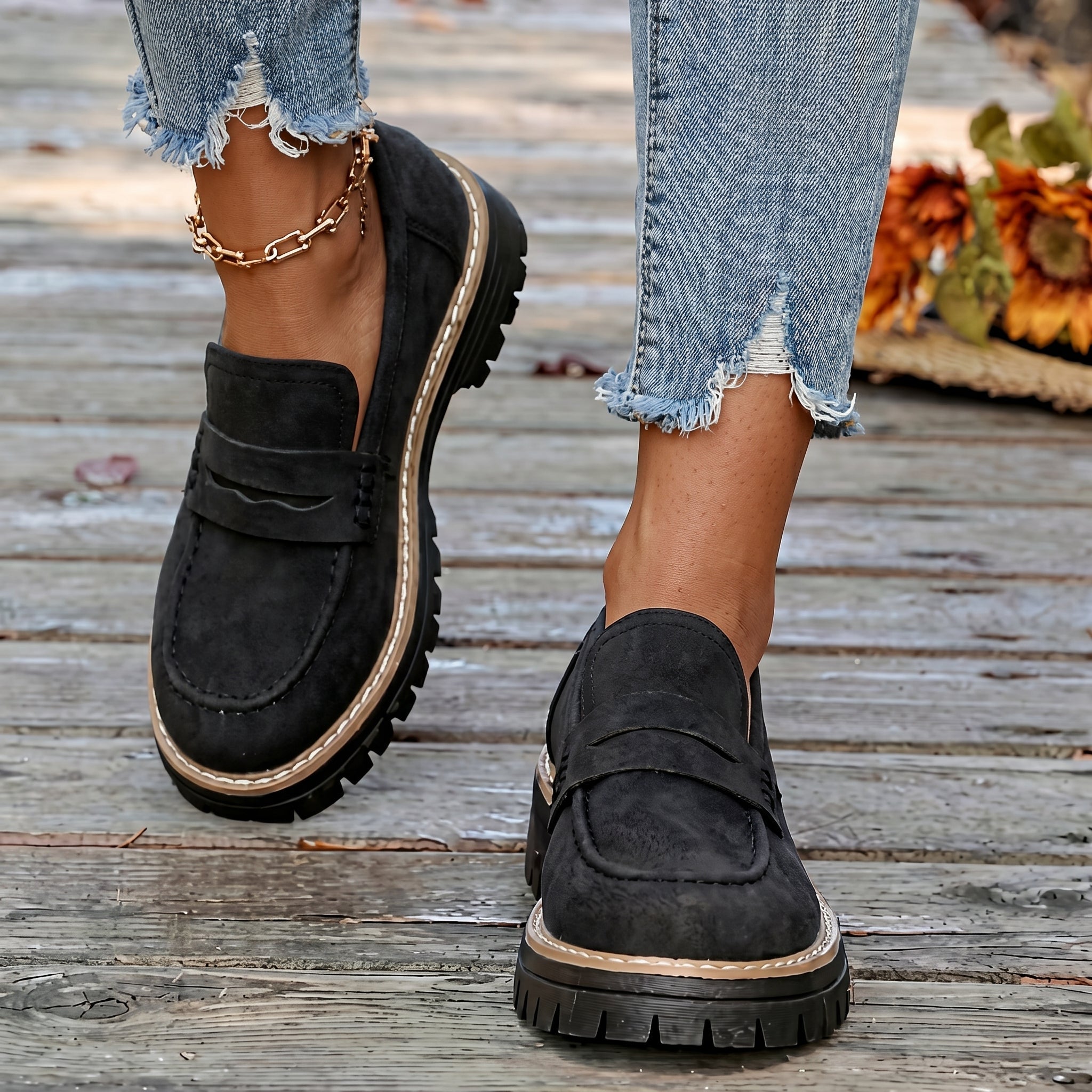 Alice - Women's Stitched Chunky Sole Penny Loafers - Shoes Women - Black - Davies & Cooper