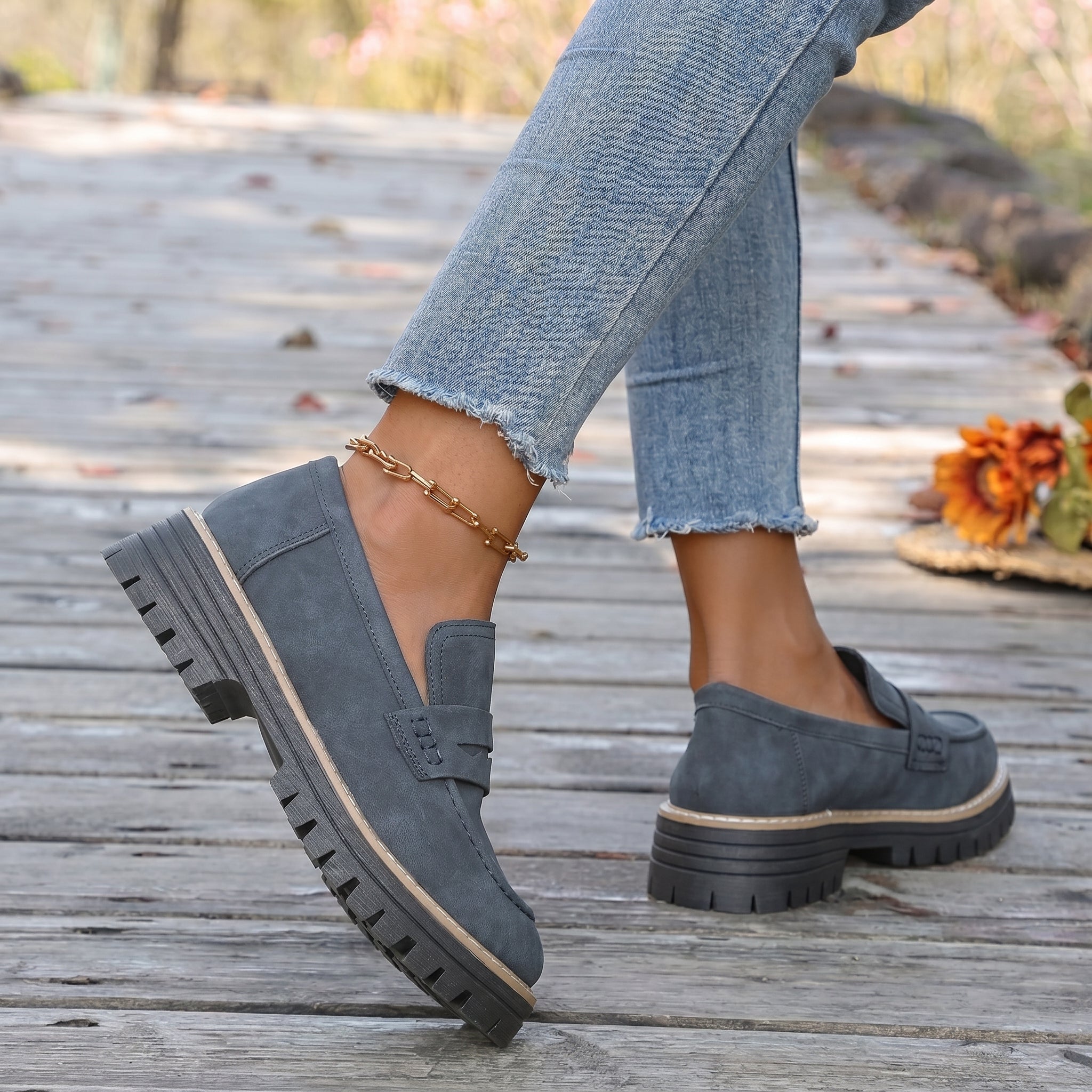 Alice - Women's Stitched Chunky Sole Penny Loafers - Shoes Women - Navy - Davies & Cooper