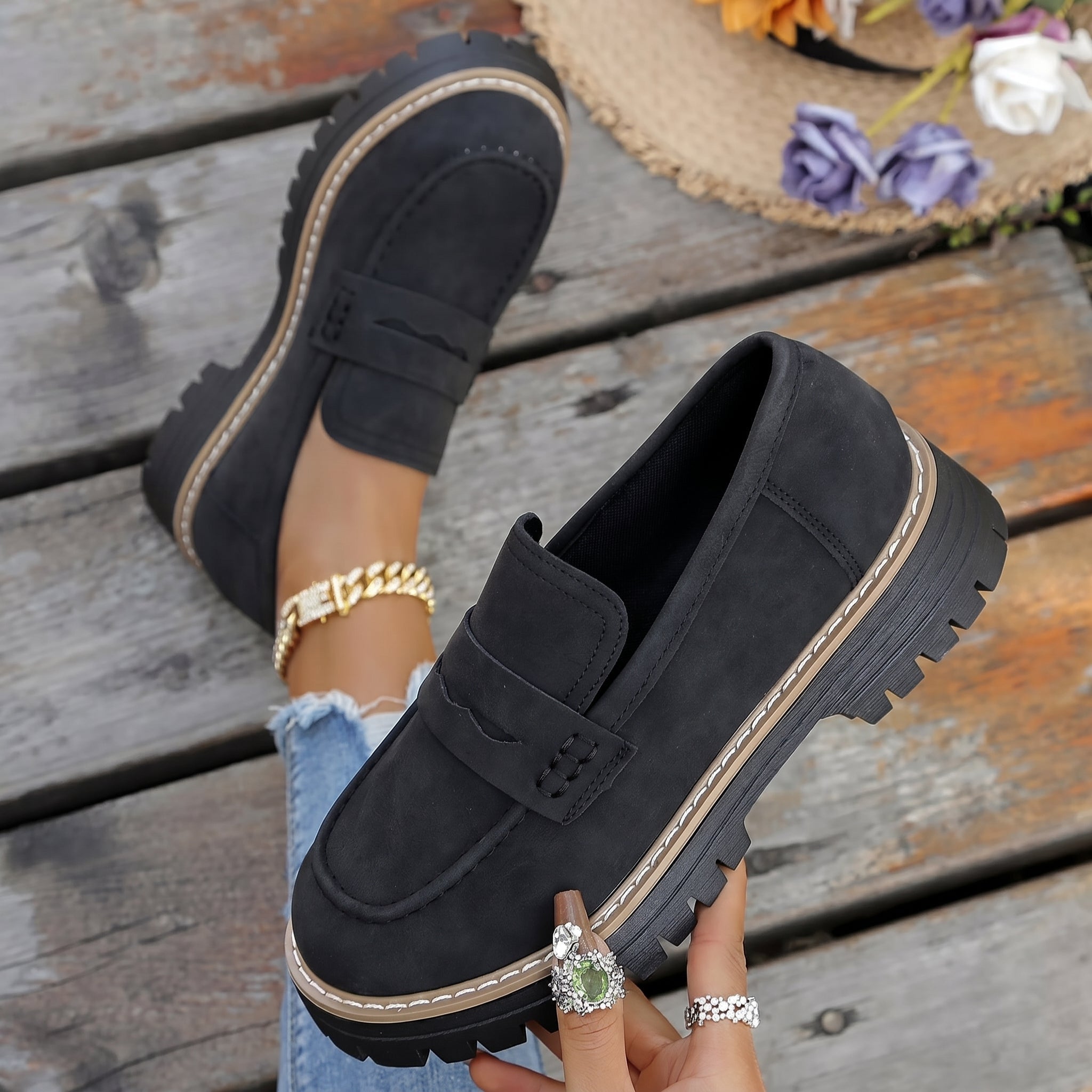 Alice - Women's Stitched Chunky Sole Penny Loafers - Shoes Women - Black - Davies & Cooper