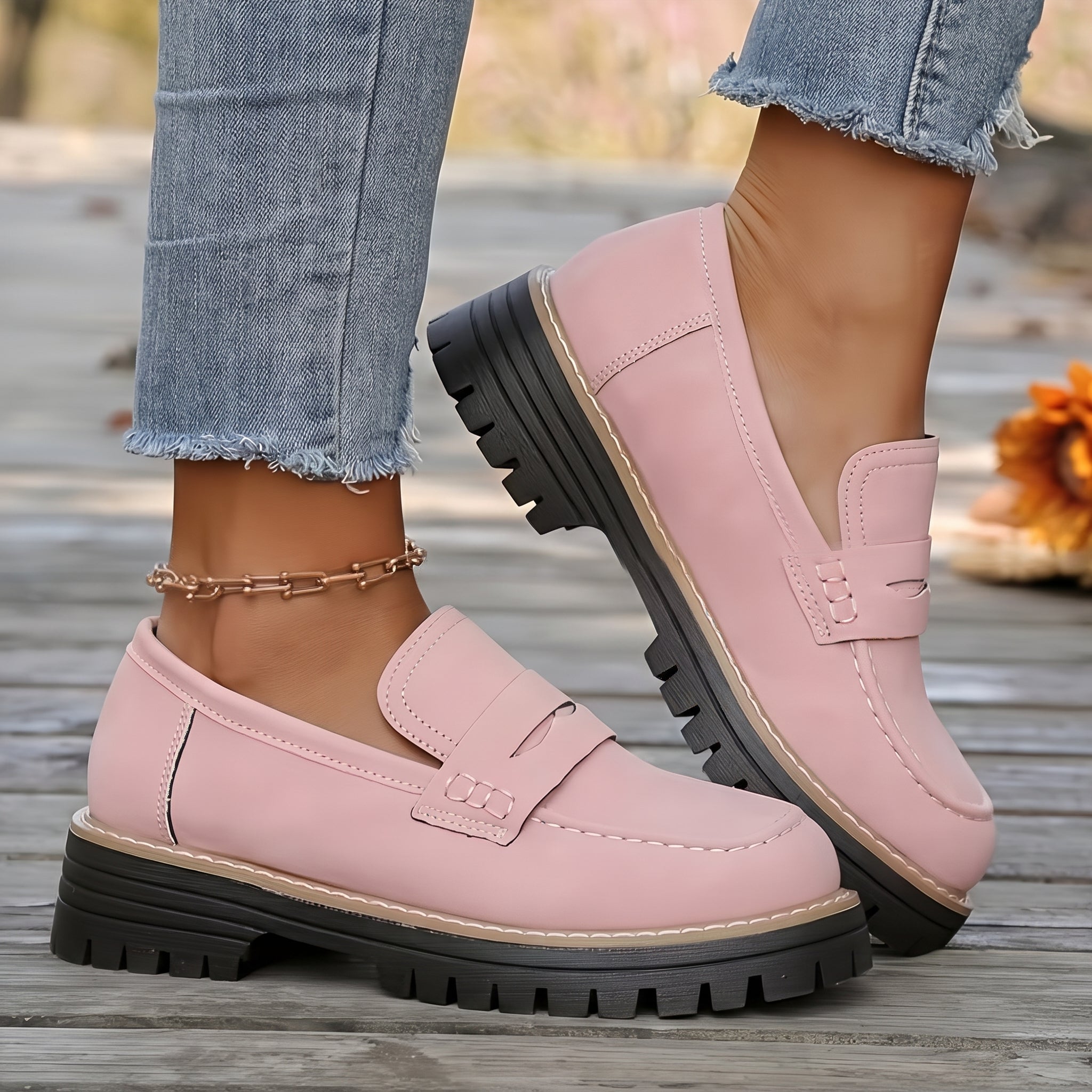 Alice - Women's Stitched Chunky Sole Penny Loafers - Shoes Women - Pink - Davies & Cooper