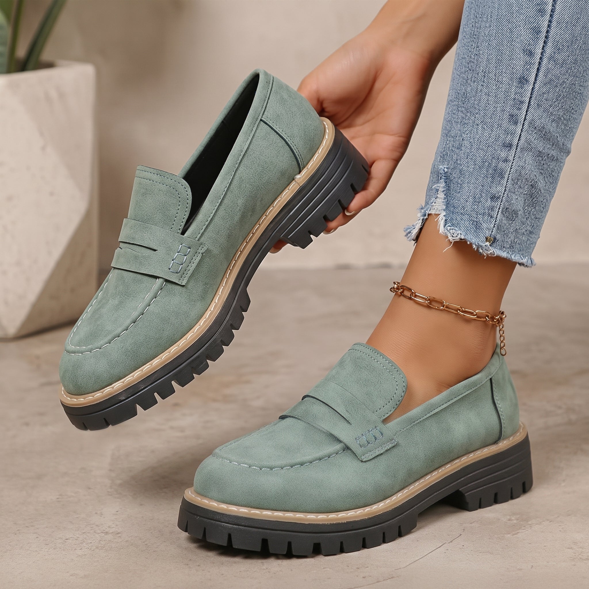 Alice - Women's Stitched Chunky Sole Penny Loafers - Shoes Women - Green - Davies & Cooper